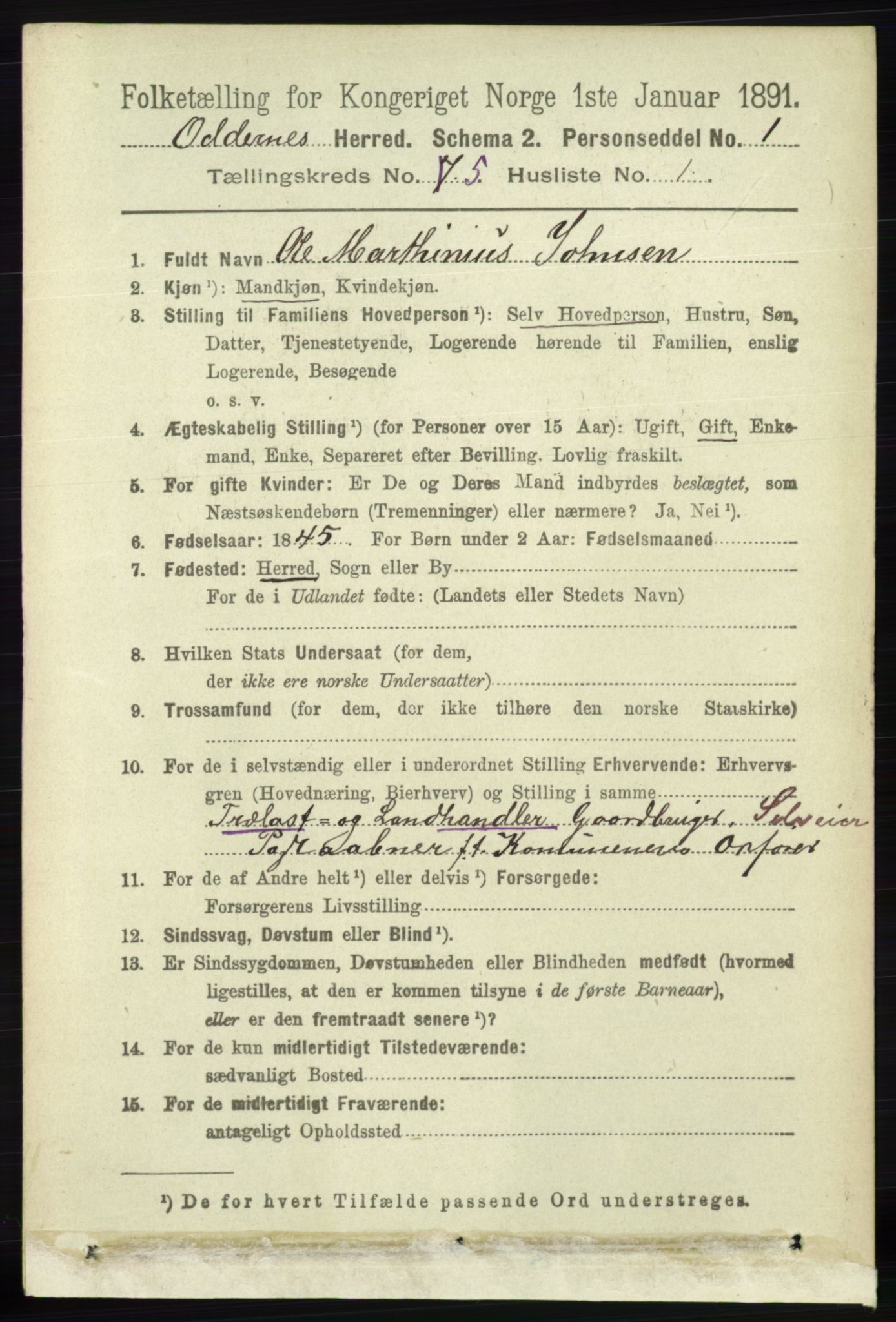 RA, 1891 census for 1012 Oddernes, 1891, p. 1768