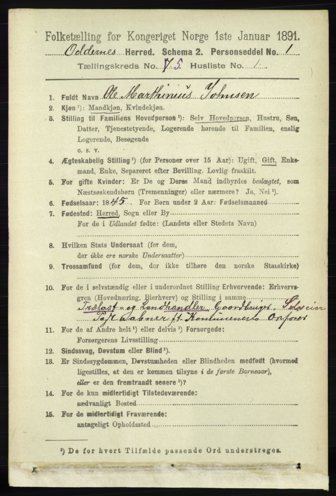 RA, 1891 census for 1012 Oddernes, 1891, p. 1768