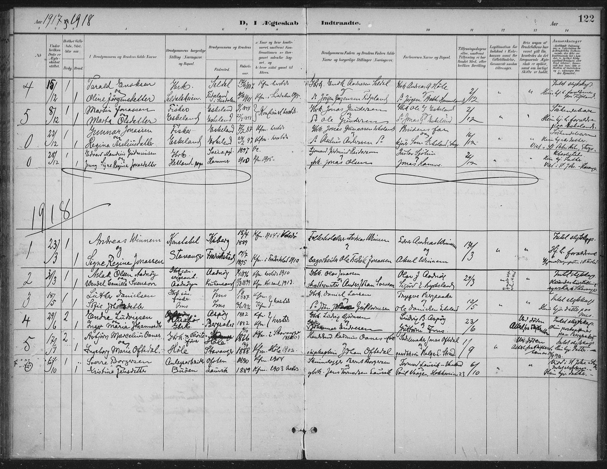 Høgsfjord sokneprestkontor, AV/SAST-A-101624/H/Ha/Haa/L0008: Parish register (official) no. A 8, 1898-1920, p. 122