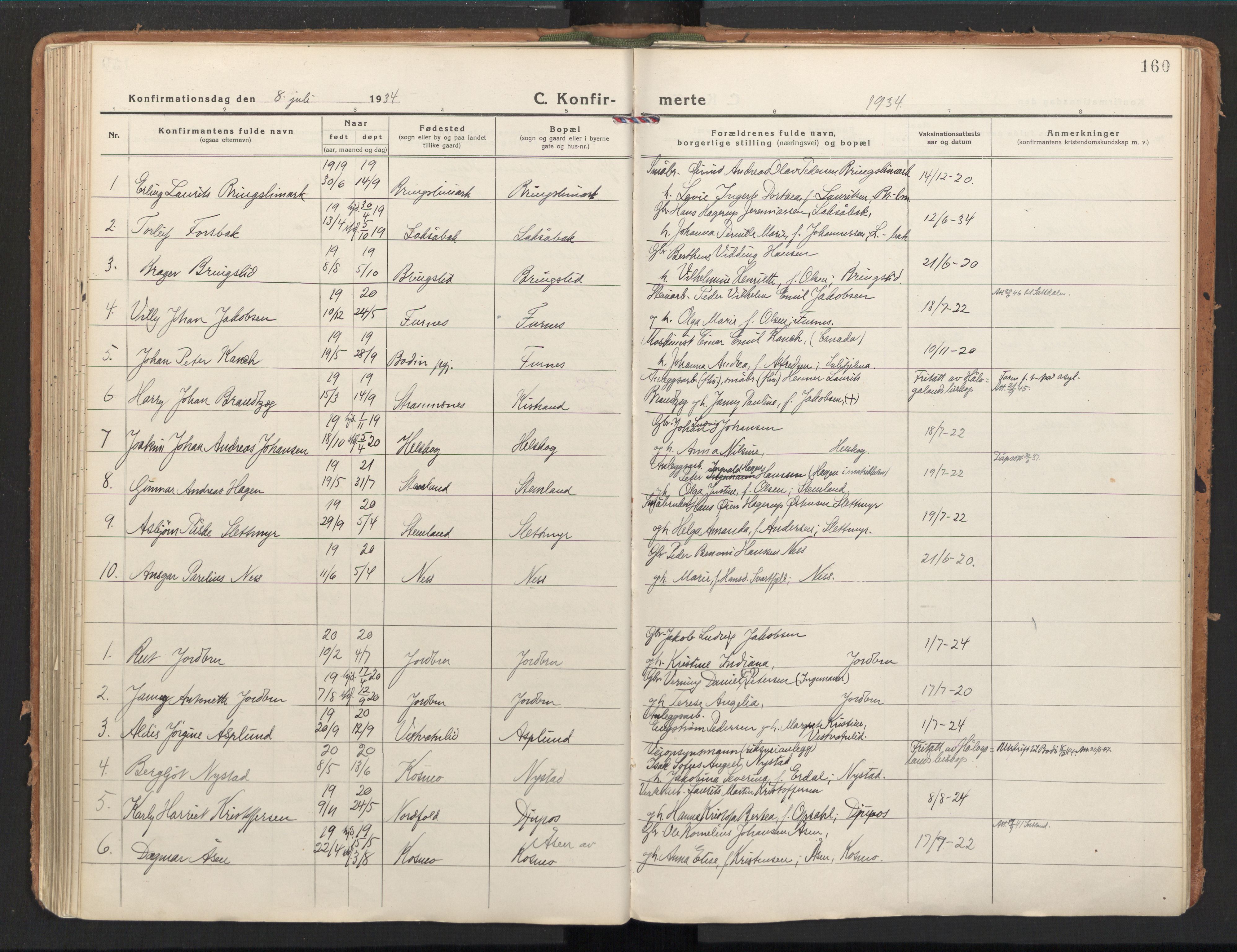 Ministerialprotokoller, klokkerbøker og fødselsregistre - Nordland, SAT/A-1459/851/L0725: Parish register (official) no. 851A02, 1922-1944, p. 160