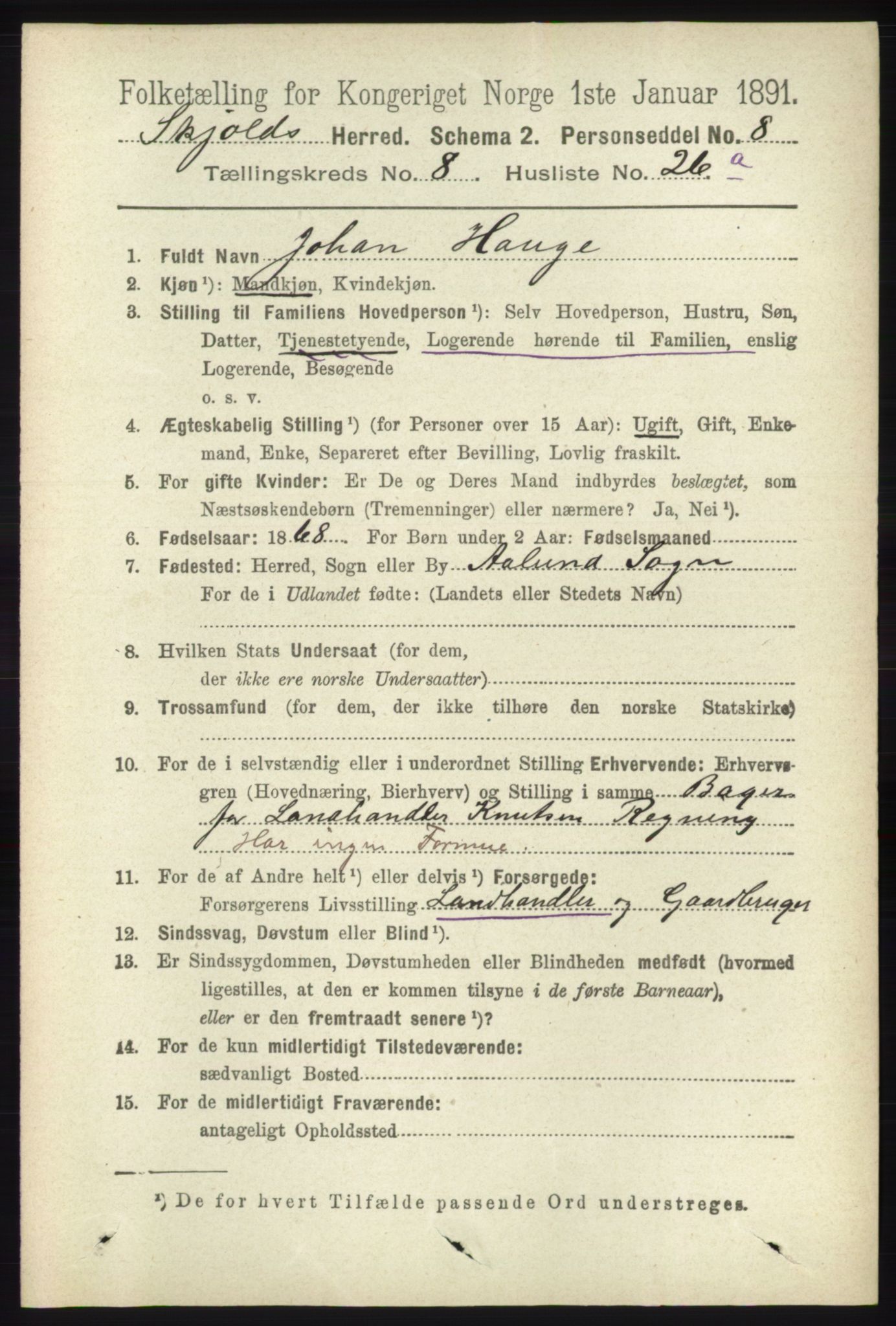 RA, 1891 census for 1154 Skjold, 1891, p. 1743