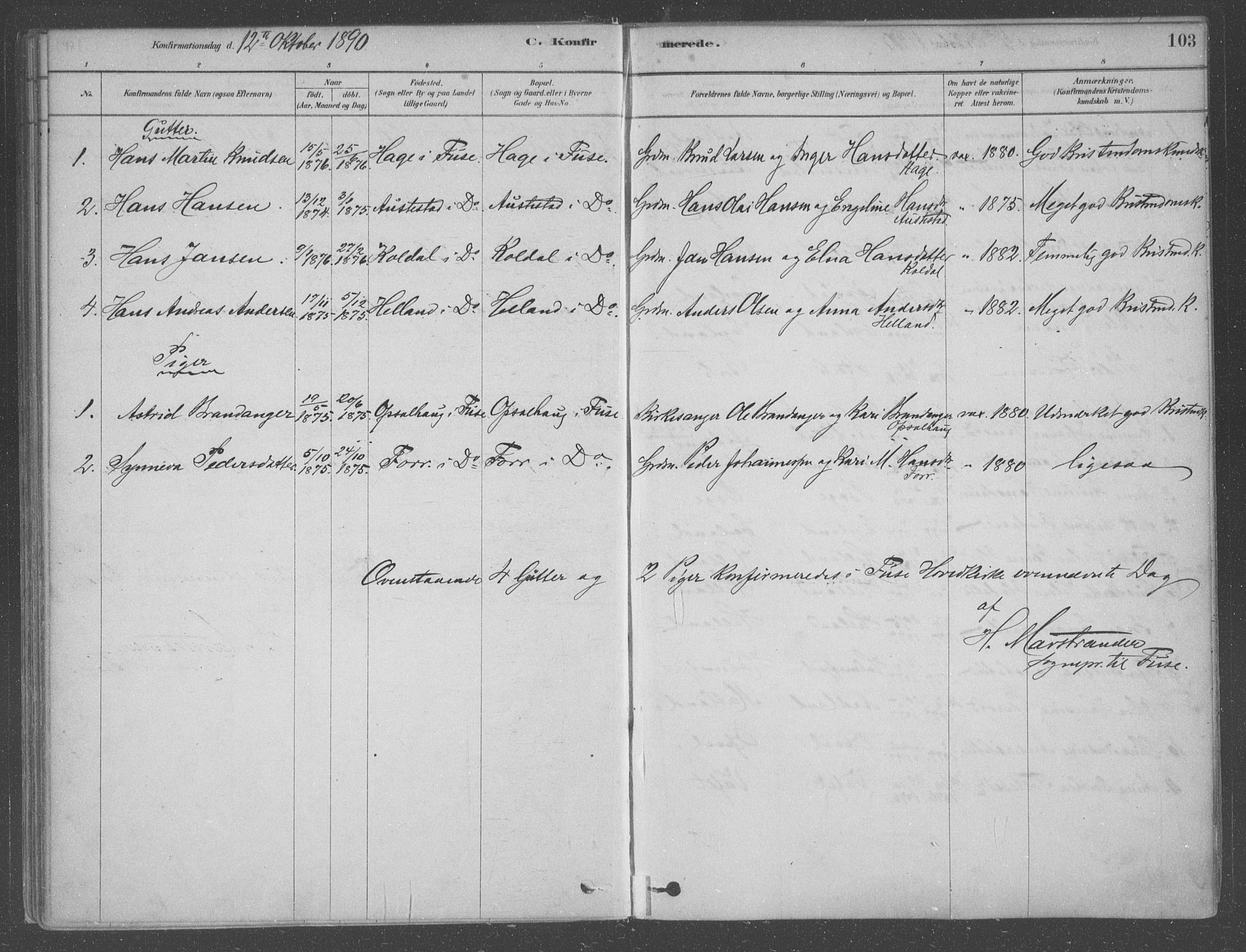 Fusa sokneprestembete, AV/SAB-A-75401/H/Haa: Parish register (official) no. B 1, 1880-1938, p. 103