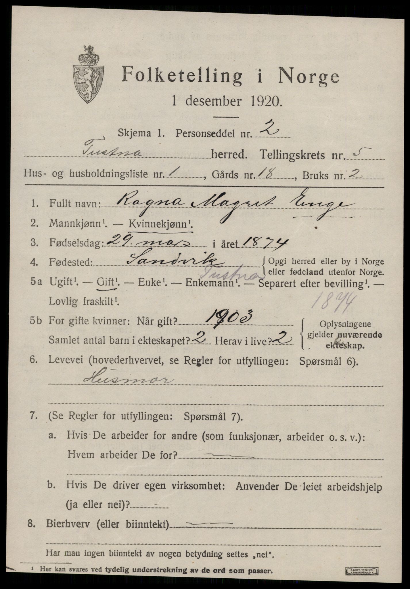 SAT, 1920 census for Tustna, 1920, p. 2377