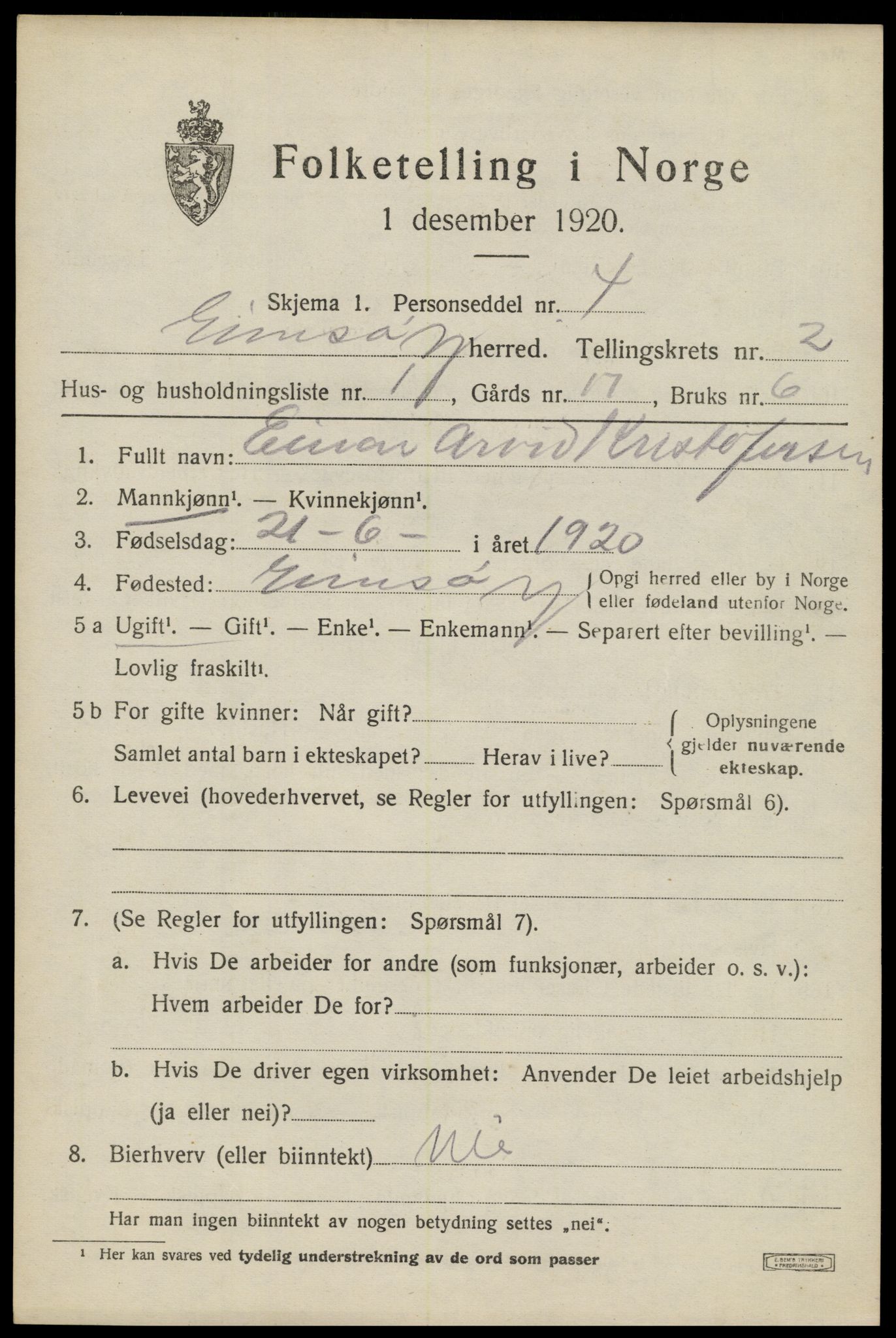 SAT, 1920 census for Gimsøy, 1920, p. 1297