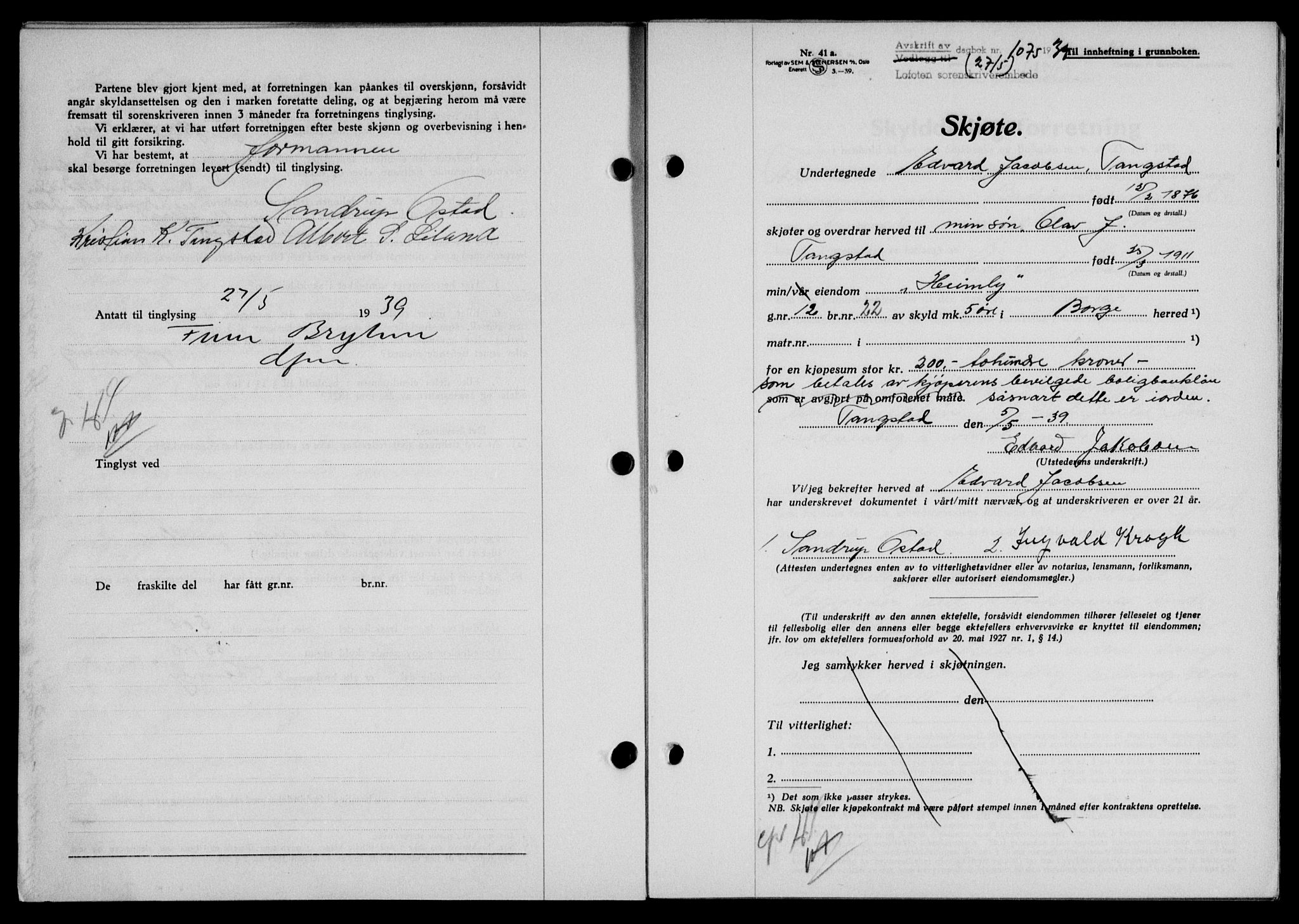 Lofoten sorenskriveri, SAT/A-0017/1/2/2C/L0005a: Mortgage book no. 5a, 1939-1939, Diary no: : 1075/1939