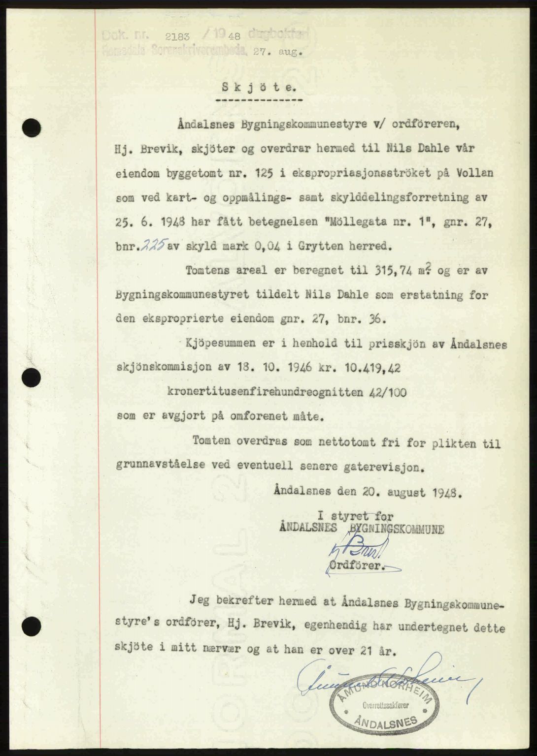 Romsdal sorenskriveri, AV/SAT-A-4149/1/2/2C: Mortgage book no. A27, 1948-1948, Diary no: : 2183/1948