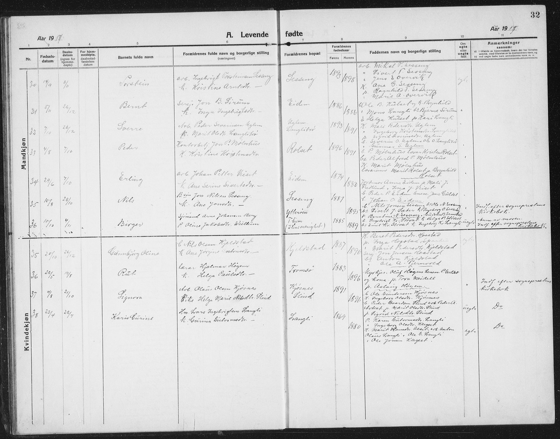 Ministerialprotokoller, klokkerbøker og fødselsregistre - Sør-Trøndelag, SAT/A-1456/695/L1158: Parish register (copy) no. 695C09, 1913-1940, p. 32