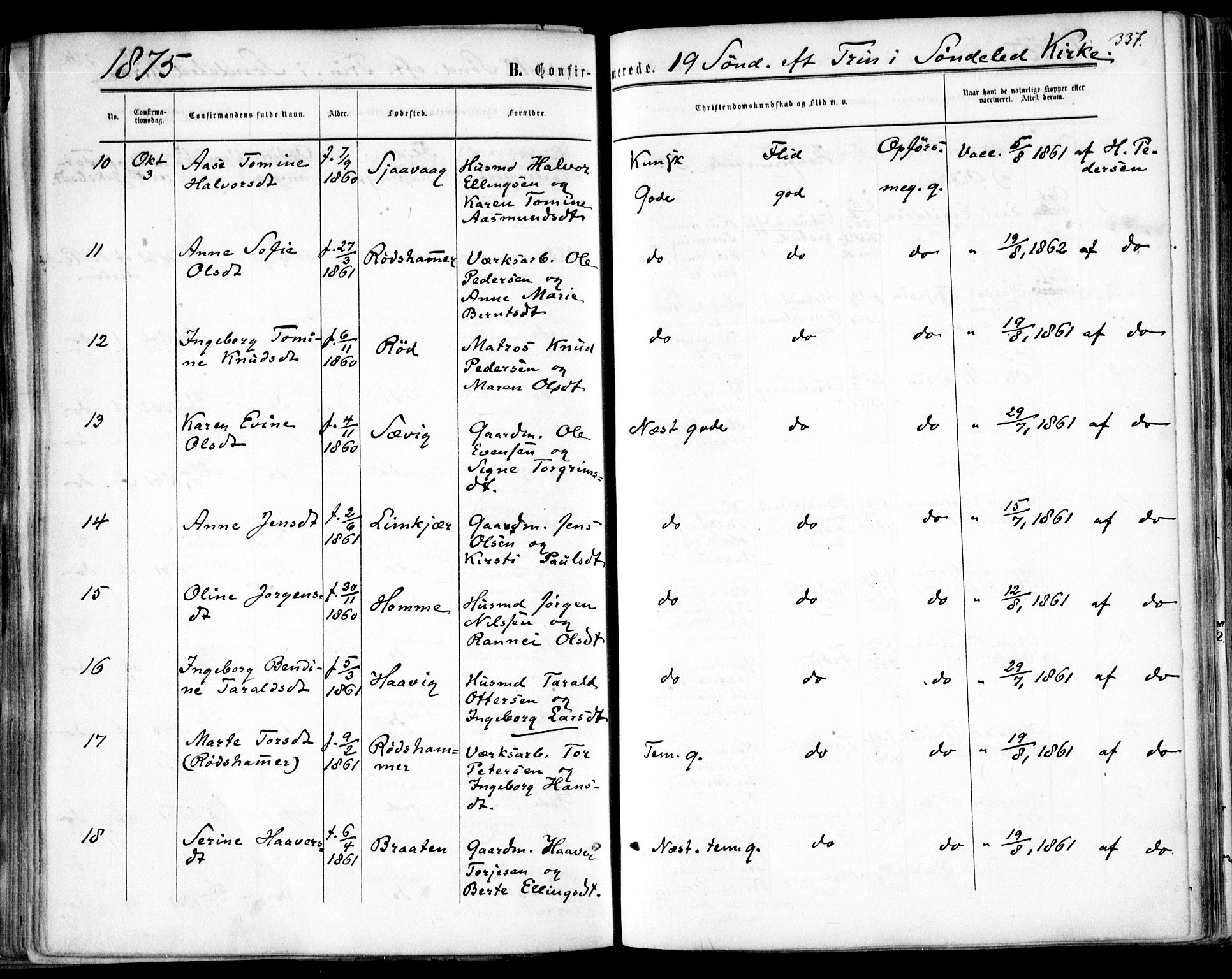 Søndeled sokneprestkontor, AV/SAK-1111-0038/F/Fa/L0003: Parish register (official) no. A 3, 1861-1879, p. 337