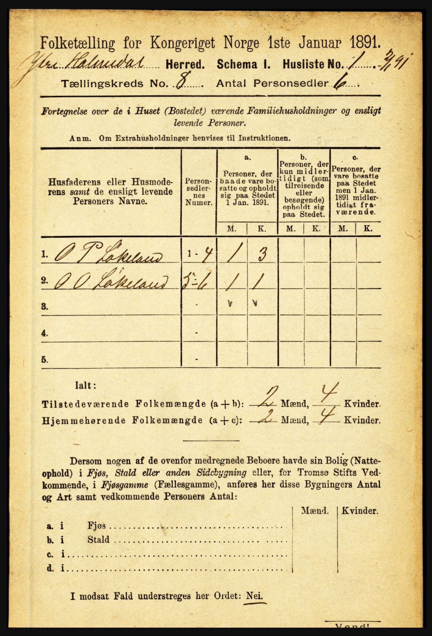 RA, 1891 census for 1429 Ytre Holmedal, 1891, p. 1720