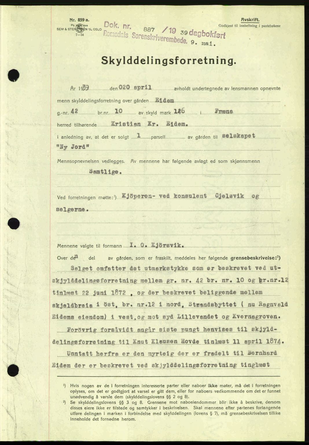 Romsdal sorenskriveri, AV/SAT-A-4149/1/2/2C: Mortgage book no. A6, 1938-1939, Diary no: : 887/1939