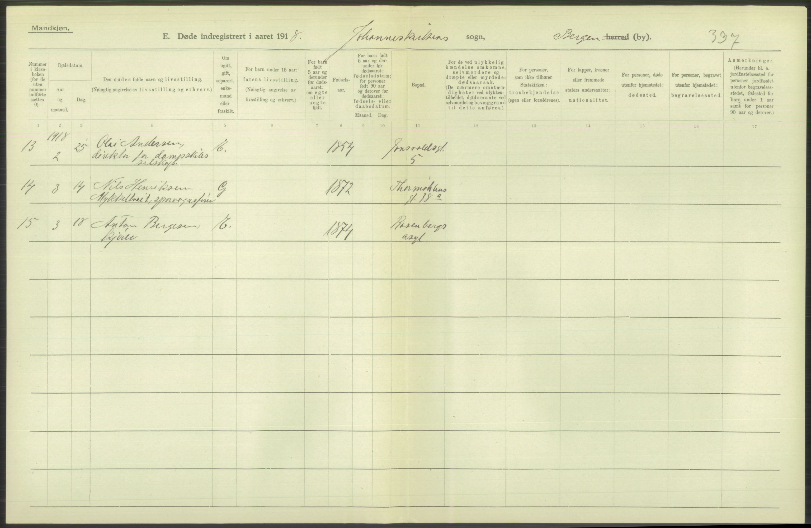 Statistisk sentralbyrå, Sosiodemografiske emner, Befolkning, AV/RA-S-2228/D/Df/Dfb/Dfbh/L0039: Bergen: Døde., 1918, p. 44