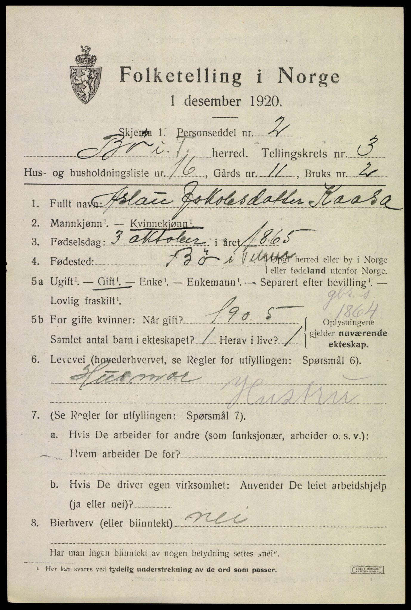 SAKO, 1920 census for Bø (Telemark), 1920, p. 2820