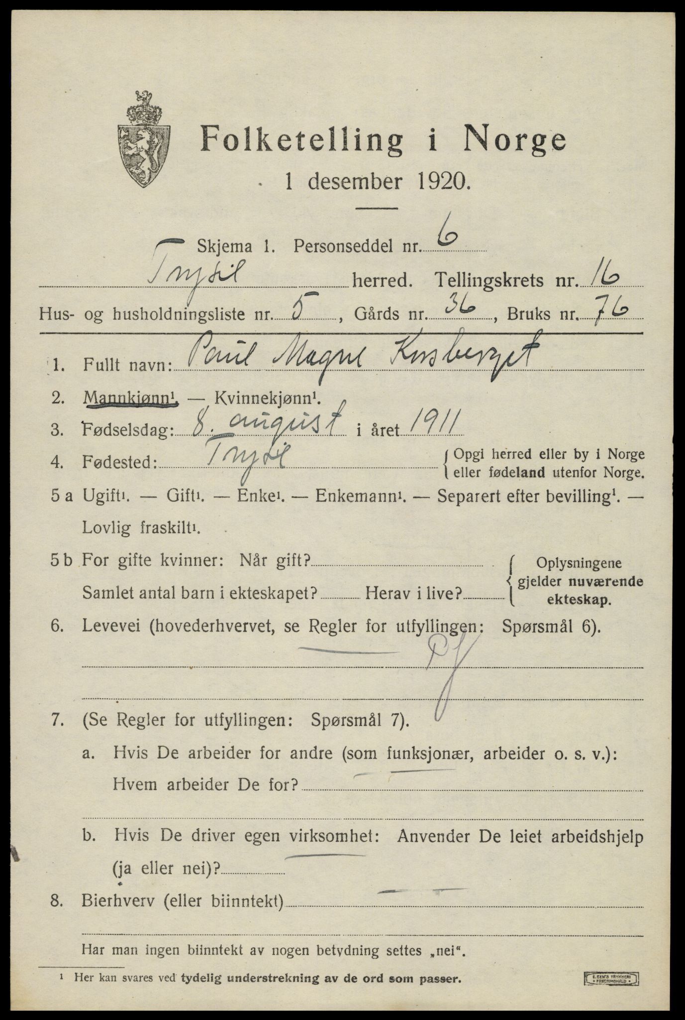 SAH, 1920 census for Trysil, 1920, p. 9499