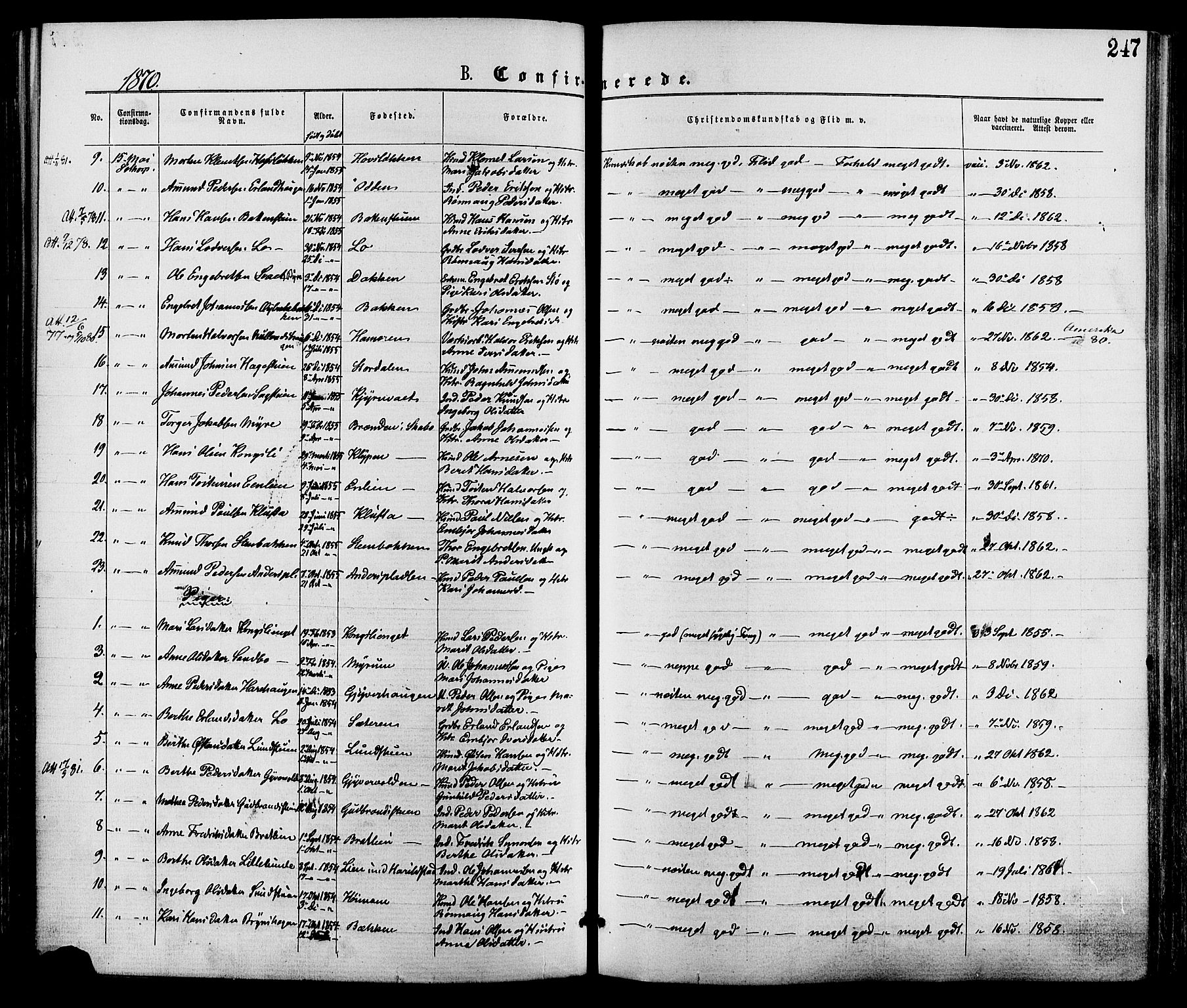 Nord-Fron prestekontor, SAH/PREST-080/H/Ha/Haa/L0002: Parish register (official) no. 2, 1865-1883, p. 247