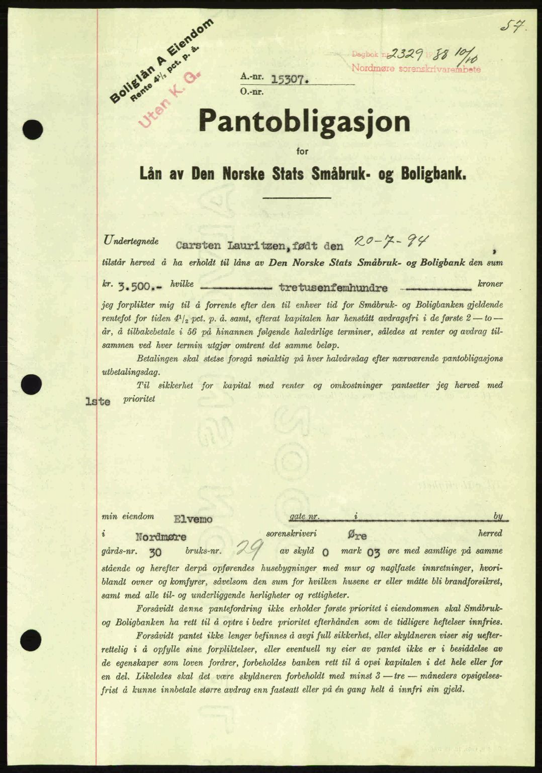 Nordmøre sorenskriveri, SAT/A-4132/1/2/2Ca: Mortgage book no. B84, 1938-1939, Diary no: : 2329/1938