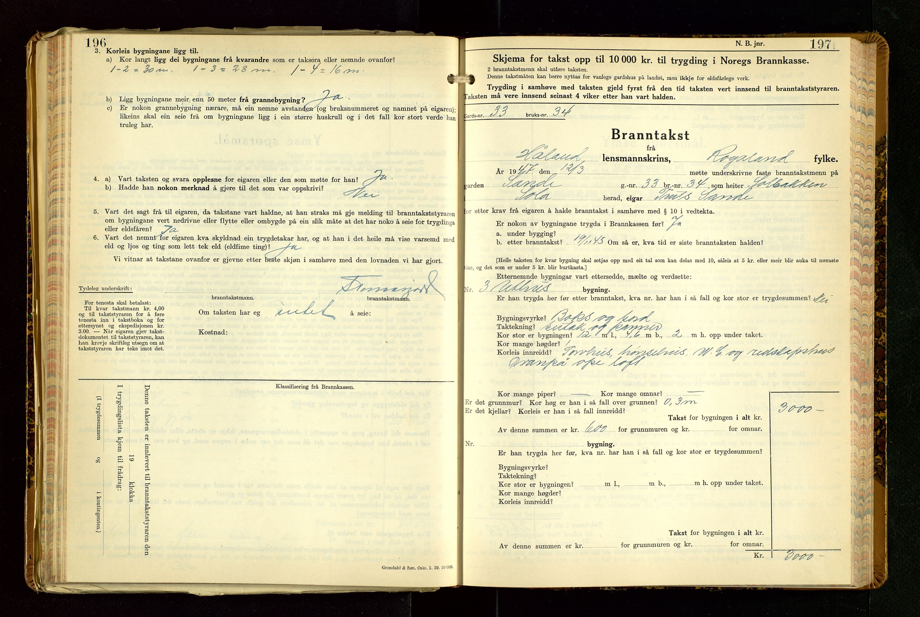 Håland lensmannskontor, SAST/A-100100/Gob/L0013: "Branntakstprotokoll" - skjematakst. Register i boken., 1941-1950, p. 196-197