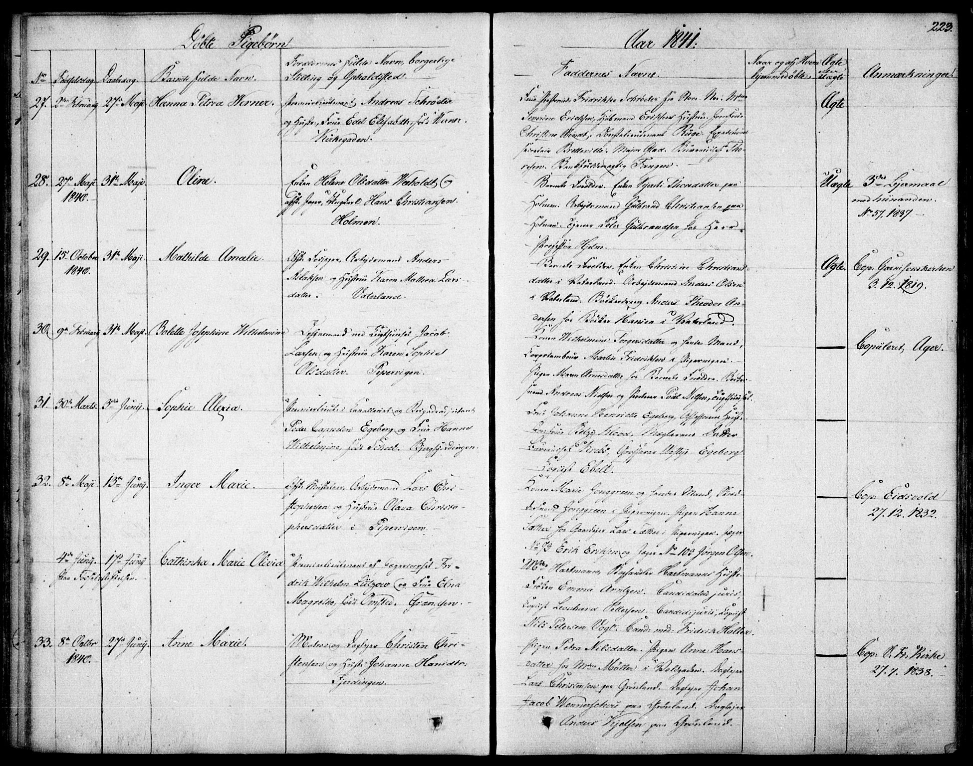 Garnisonsmenigheten Kirkebøker, SAO/A-10846/F/Fa/L0006: Parish register (official) no. 6, 1828-1841, p. 223