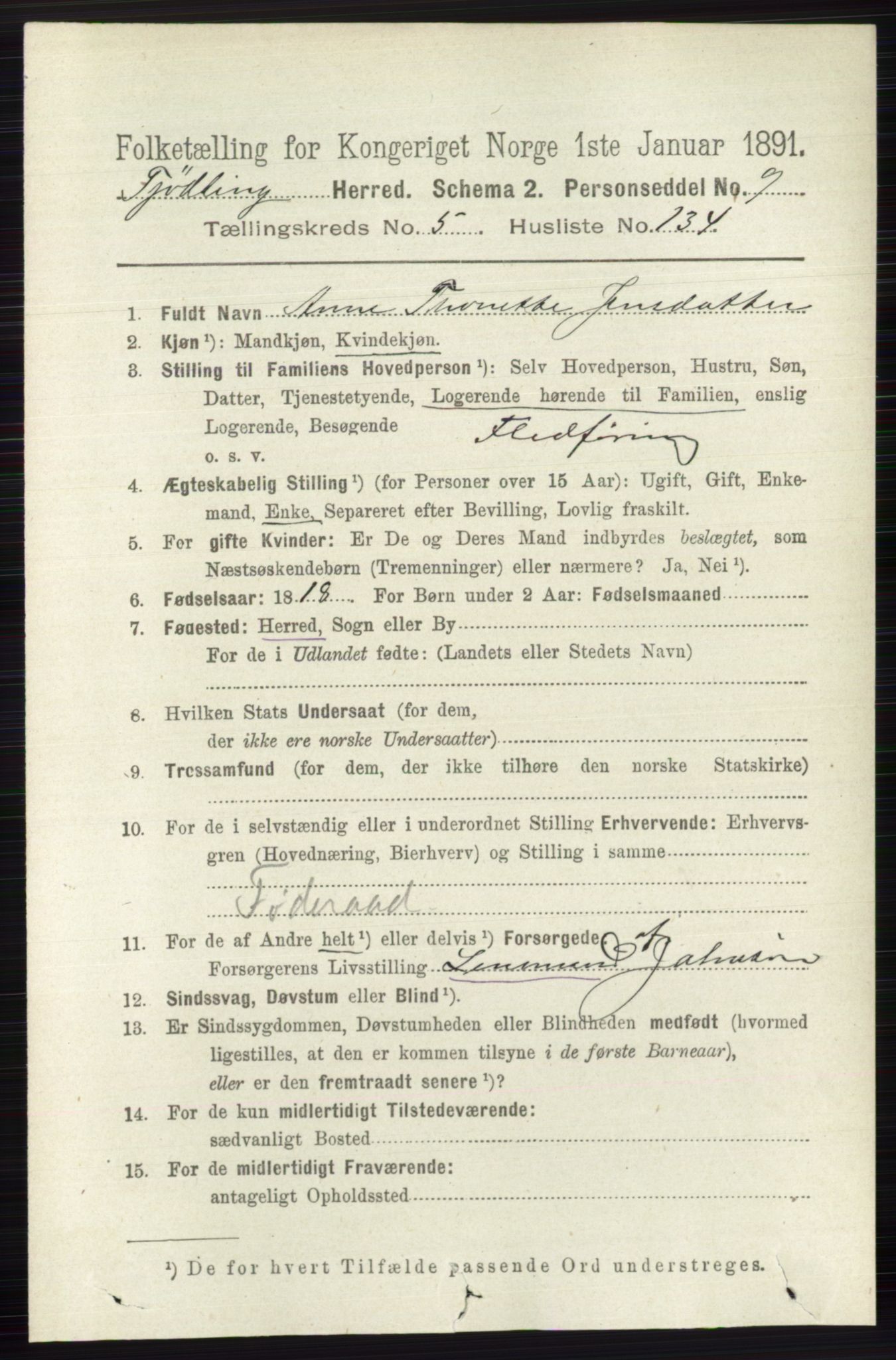 RA, 1891 census for 0725 Tjølling, 1891, p. 2796