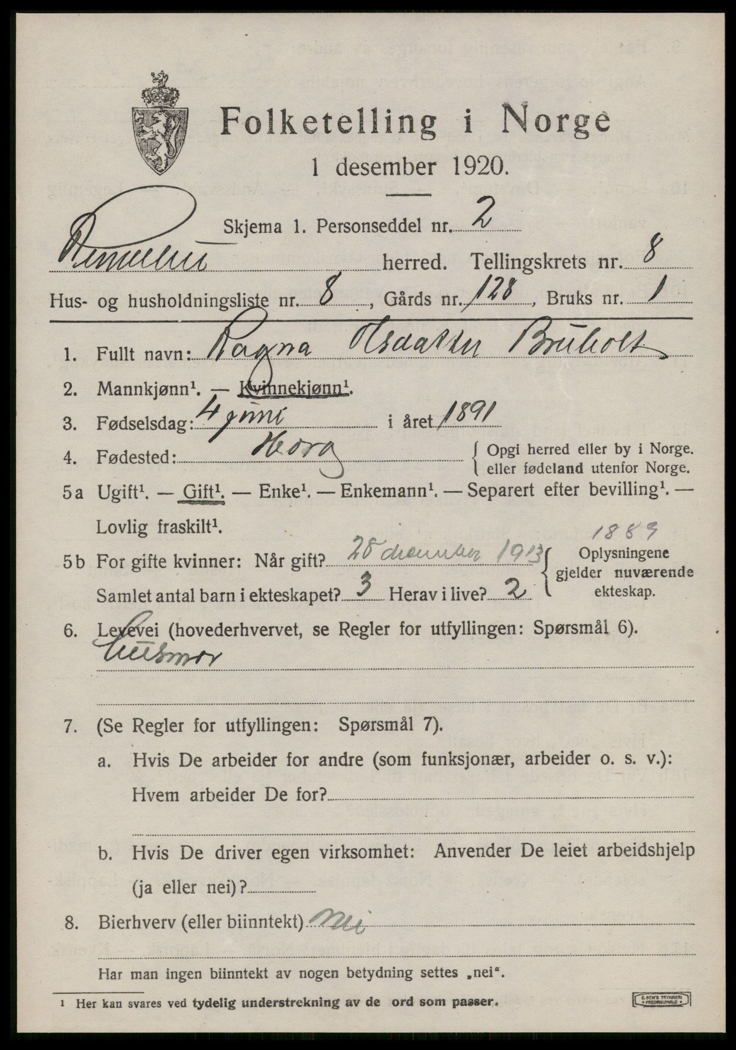 SAT, 1920 census for Rennebu, 1920, p. 5344