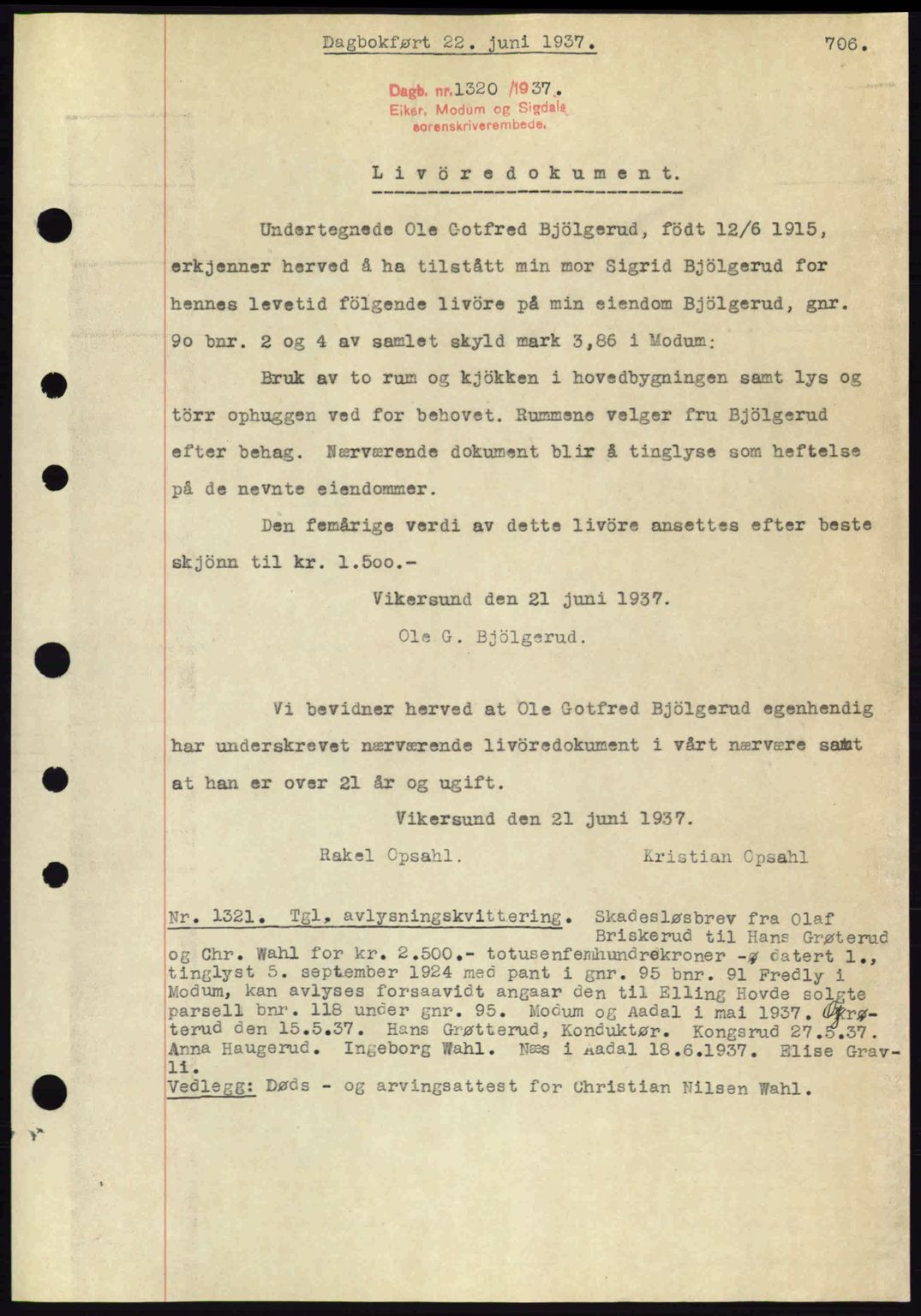 Eiker, Modum og Sigdal sorenskriveri, SAKO/A-123/G/Ga/Gab/L0035: Mortgage book no. A5, 1937-1937, Diary no: : 1320/1937