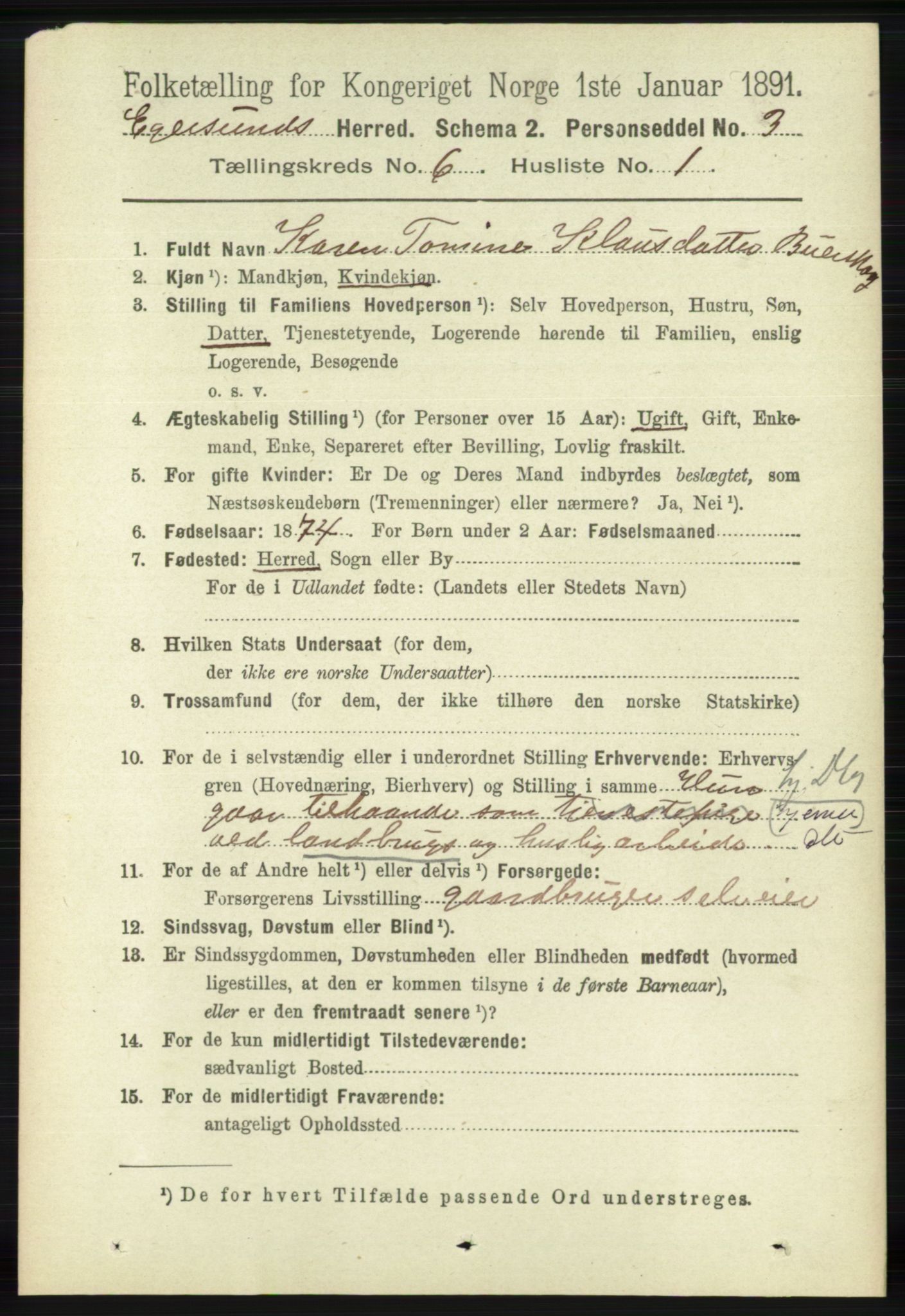 RA, 1891 census for 1116 Eigersund herred, 1891, p. 2276