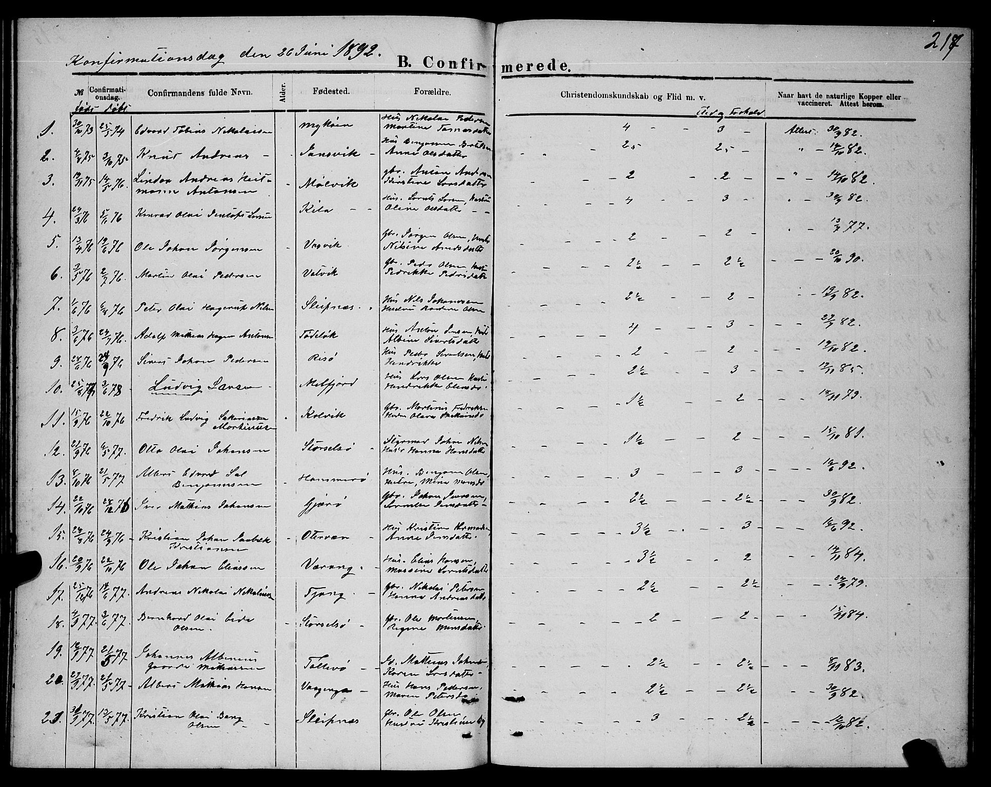 Ministerialprotokoller, klokkerbøker og fødselsregistre - Nordland, SAT/A-1459/841/L0620: Parish register (copy) no. 841C04, 1877-1896, p. 217