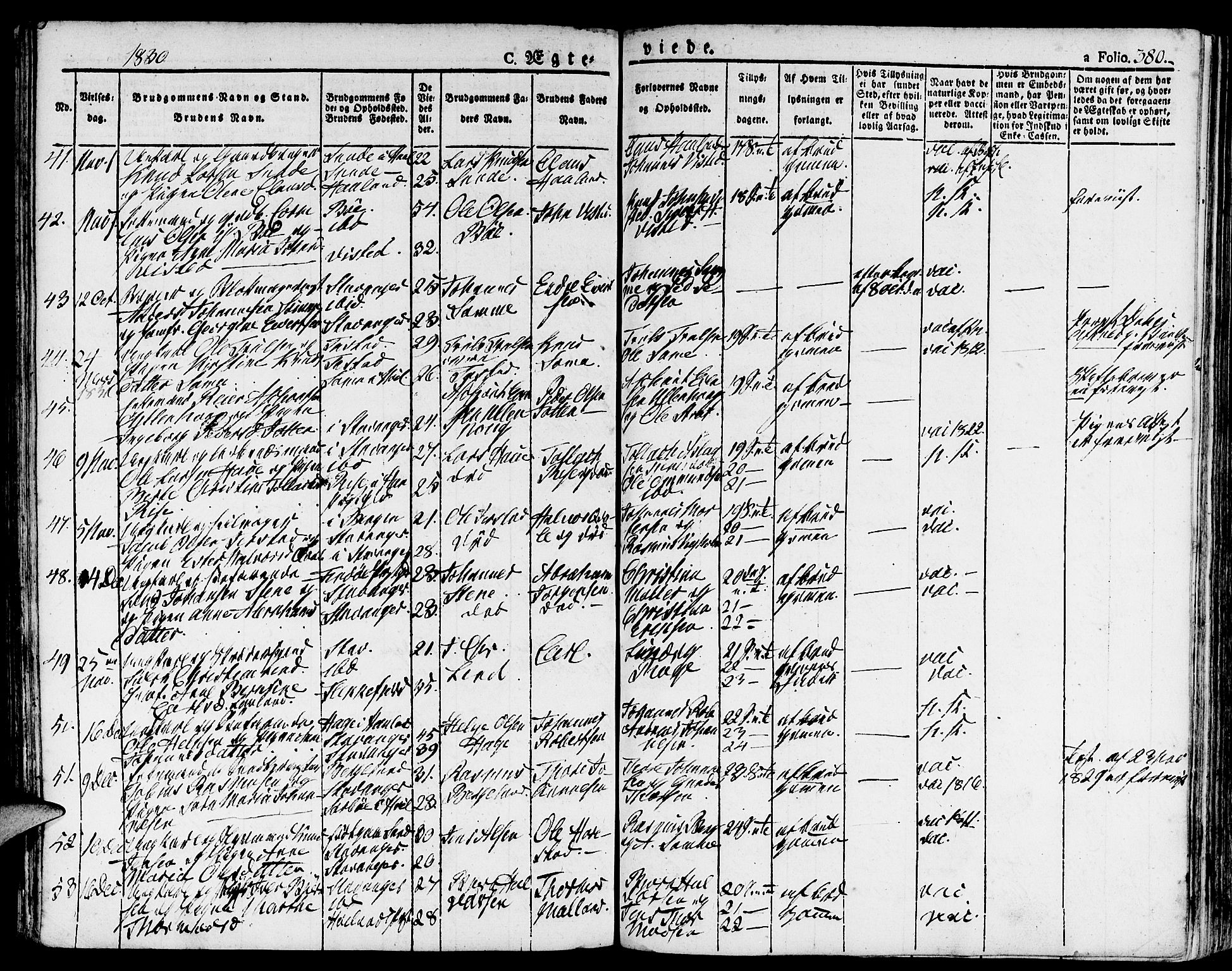 Domkirken sokneprestkontor, SAST/A-101812/001/30/30BA/L0009: Parish register (official) no. A 9, 1821-1832, p. 380