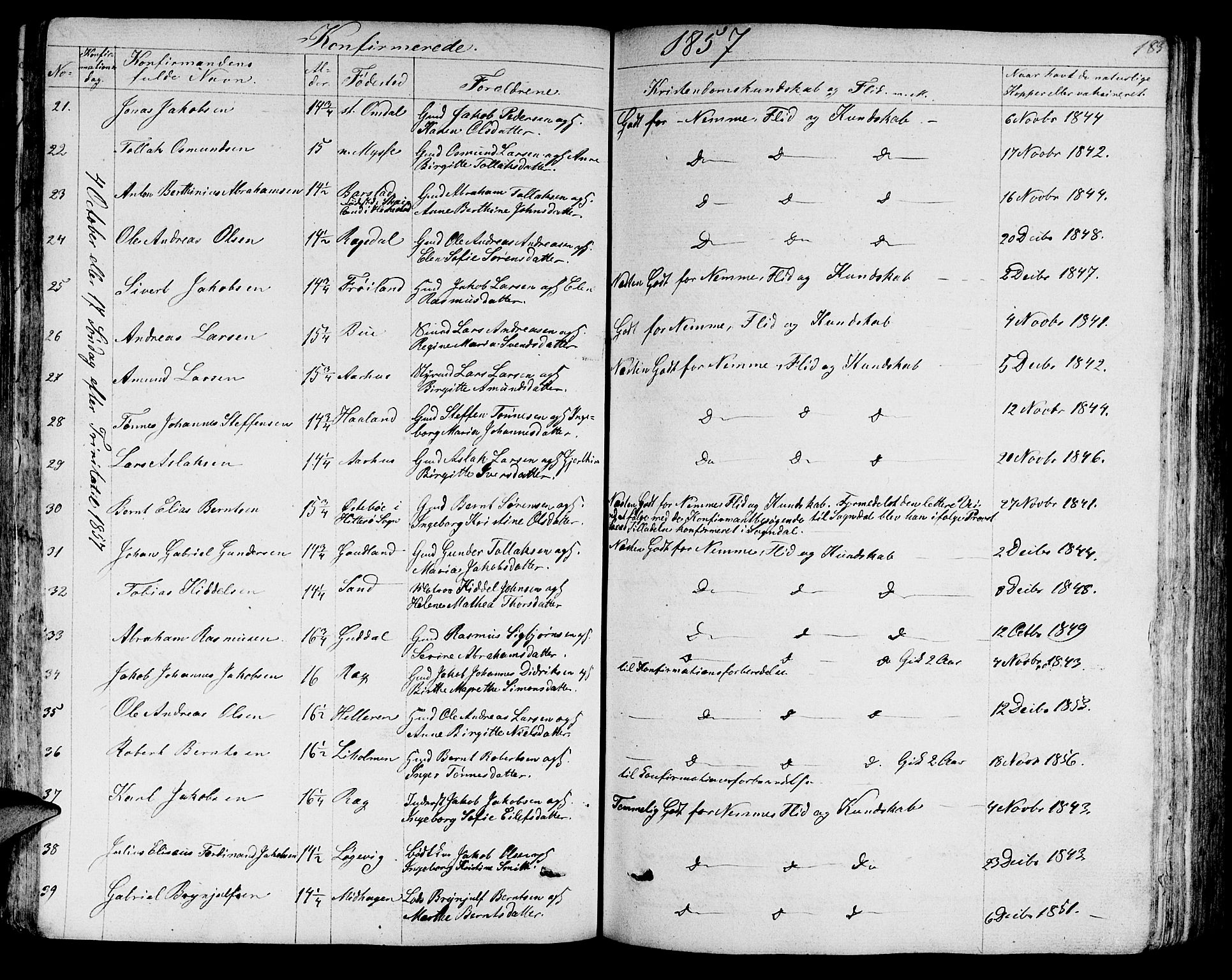 Sokndal sokneprestkontor, AV/SAST-A-101808: Parish register (copy) no. B 2, 1849-1865, p. 183