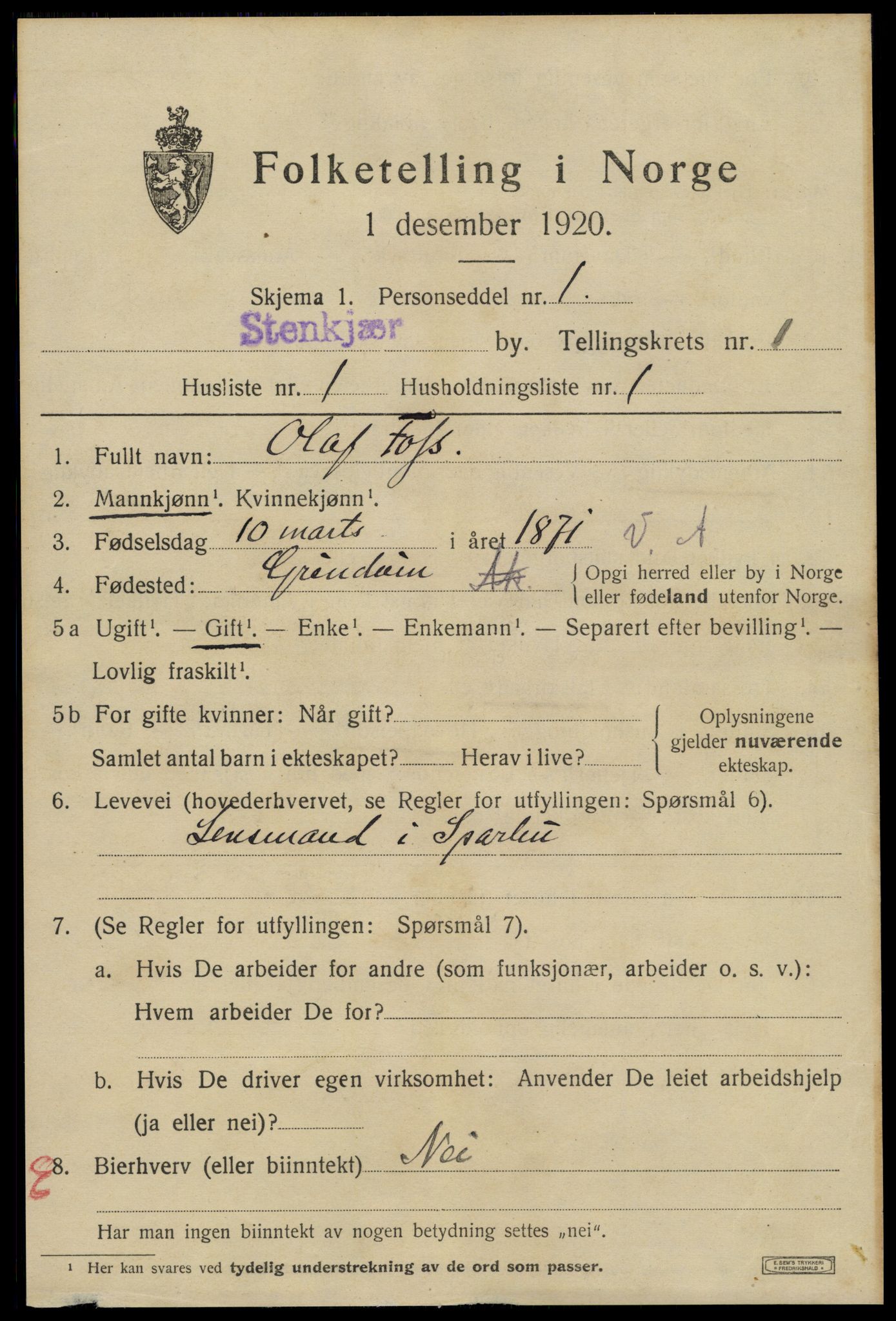 SAT, 1920 census for Steinkjer, 1920, p. 2348