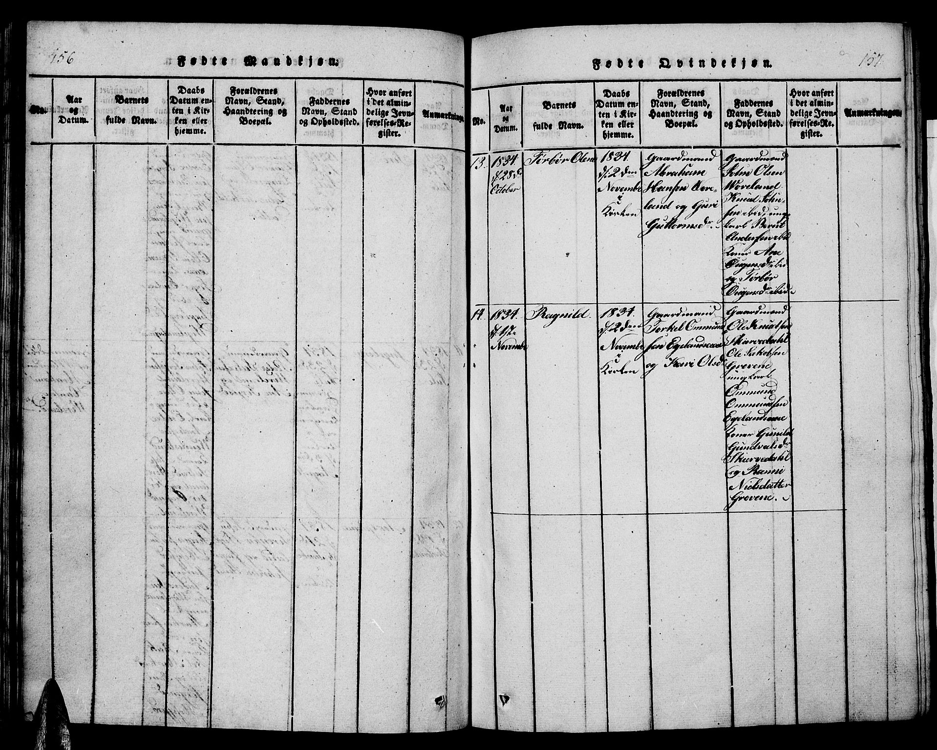 Vennesla sokneprestkontor, AV/SAK-1111-0045/Fb/Fbb/L0001: Parish register (copy) no. B 1, 1820-1834, p. 156-157