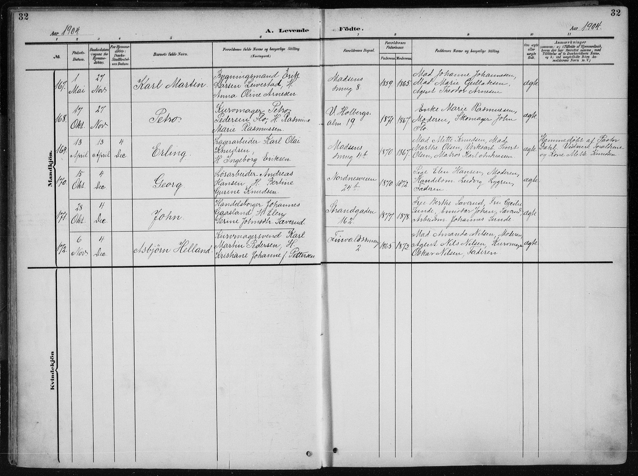 Nykirken Sokneprestembete, AV/SAB-A-77101/H/Haa/L0019: Parish register (official) no. B 7, 1904-1916, p. 32
