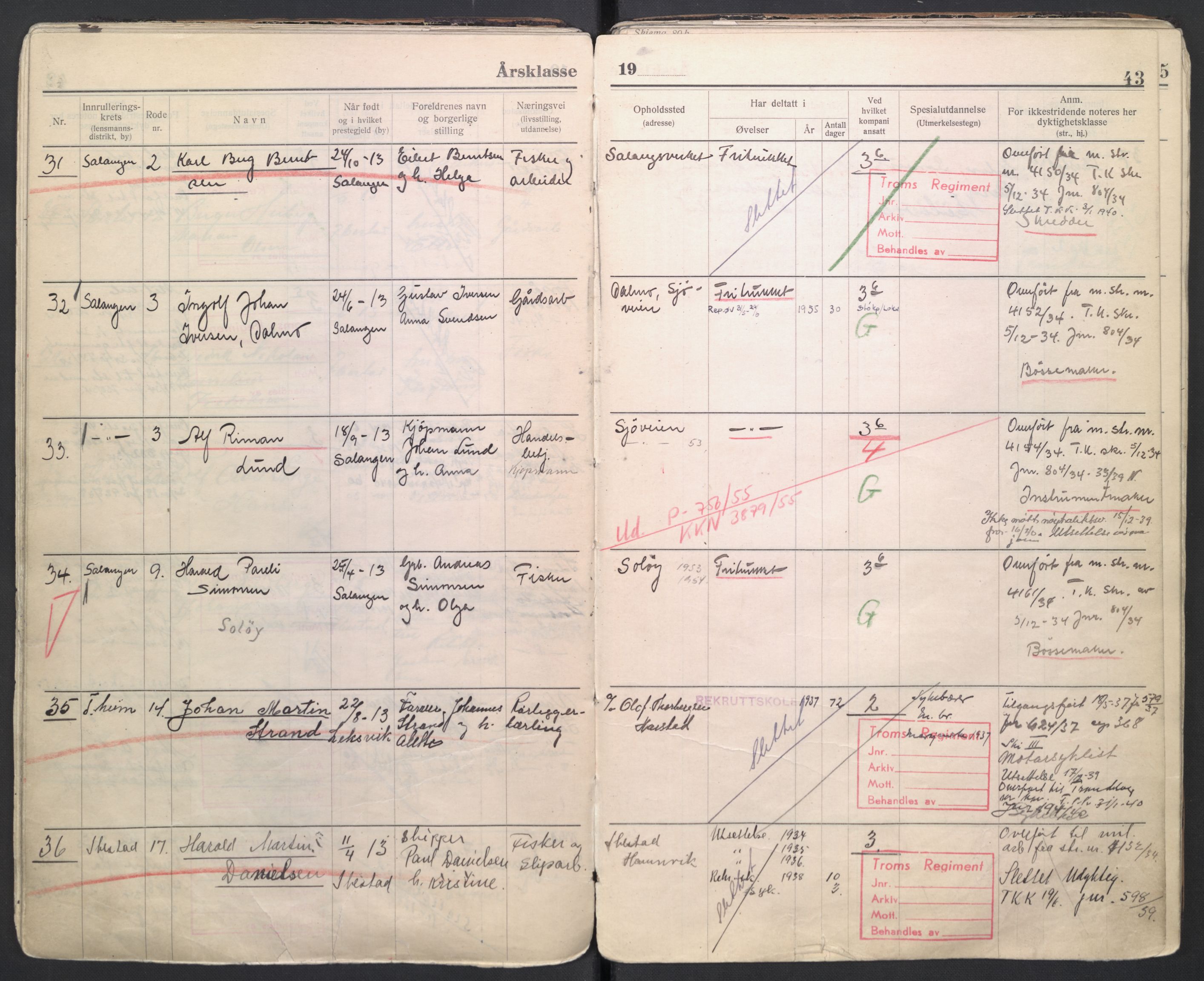 Forsvaret, Troms infanteriregiment nr. 16, AV/RA-RAFA-3146/P/Pa/L0006/0007: Ruller / Rulle for regimentets menige mannskaper, årsklasse 1934, 1934, p. 43