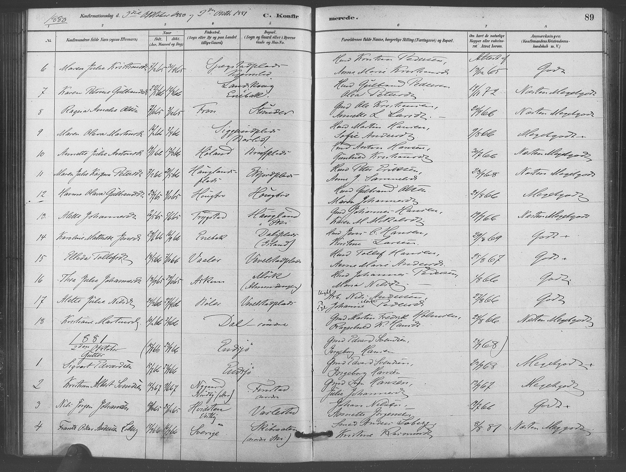 Kråkstad prestekontor Kirkebøker, AV/SAO-A-10125a/F/Fb/L0001: Parish register (official) no. II 1, 1880-1892, p. 89