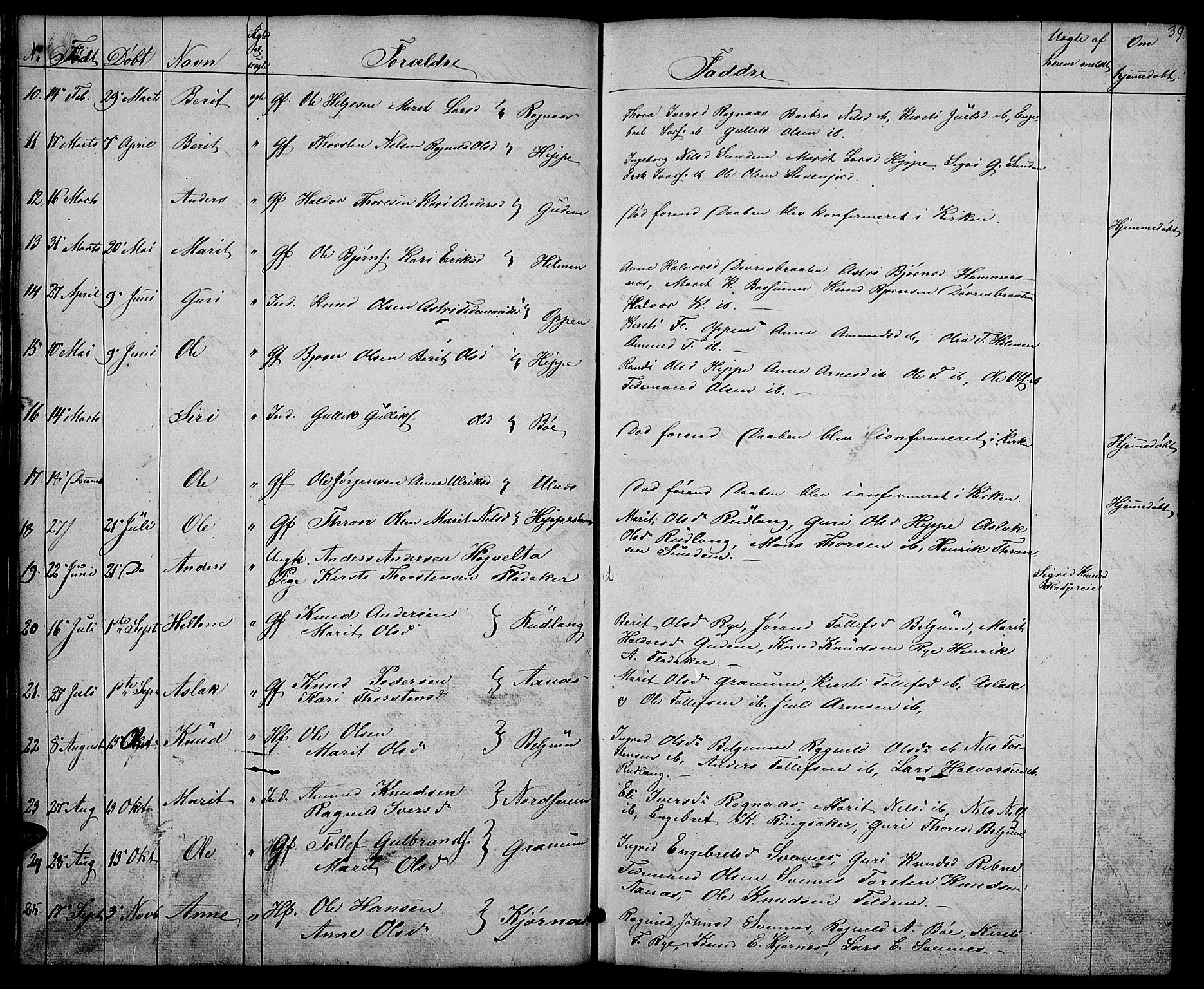 Nord-Aurdal prestekontor, SAH/PREST-132/H/Ha/Hab/L0004: Parish register (copy) no. 4, 1842-1882, p. 39