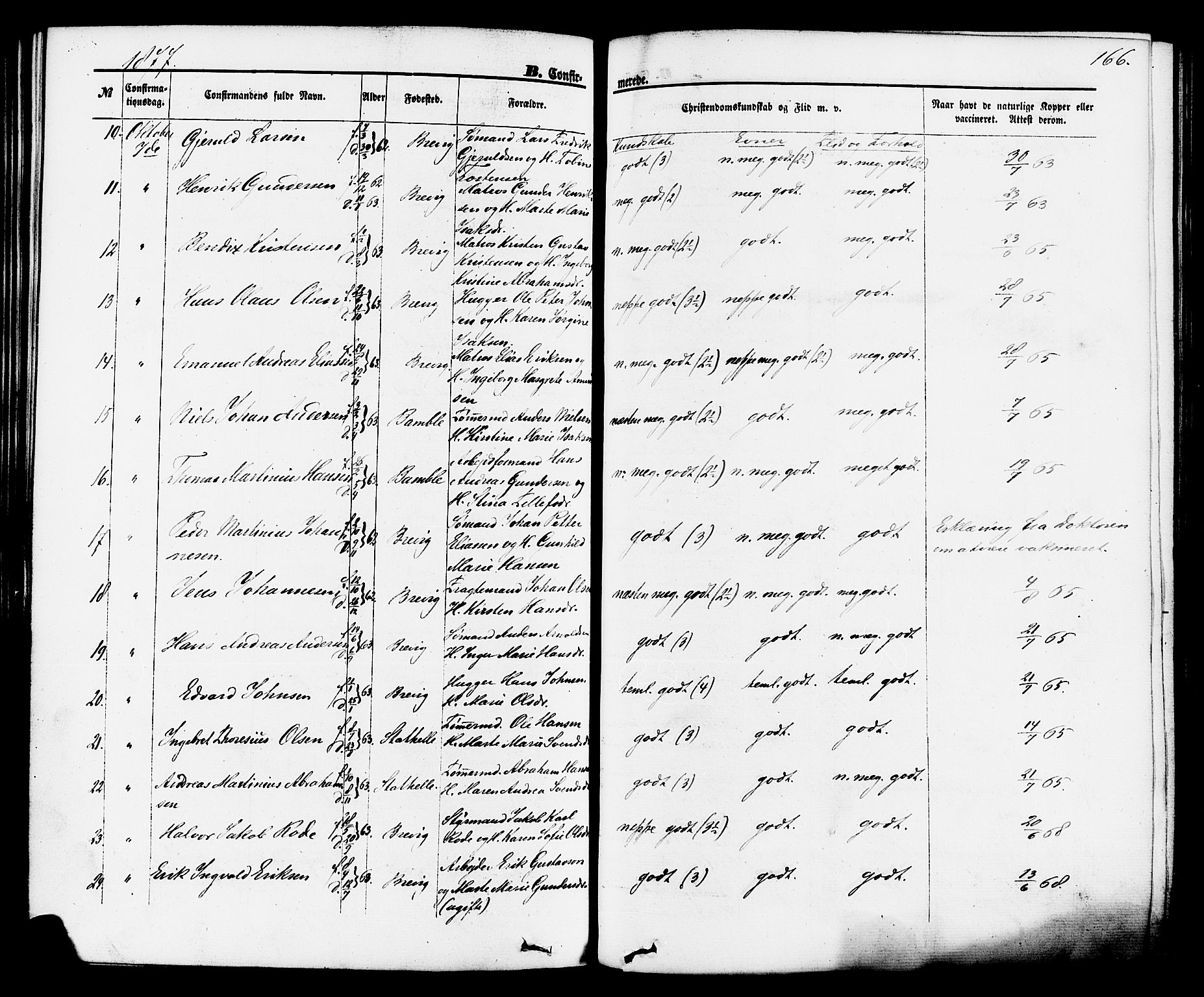 Brevik kirkebøker, SAKO/A-255/F/Fa/L0006: Parish register (official) no. 6, 1866-1881, p. 166