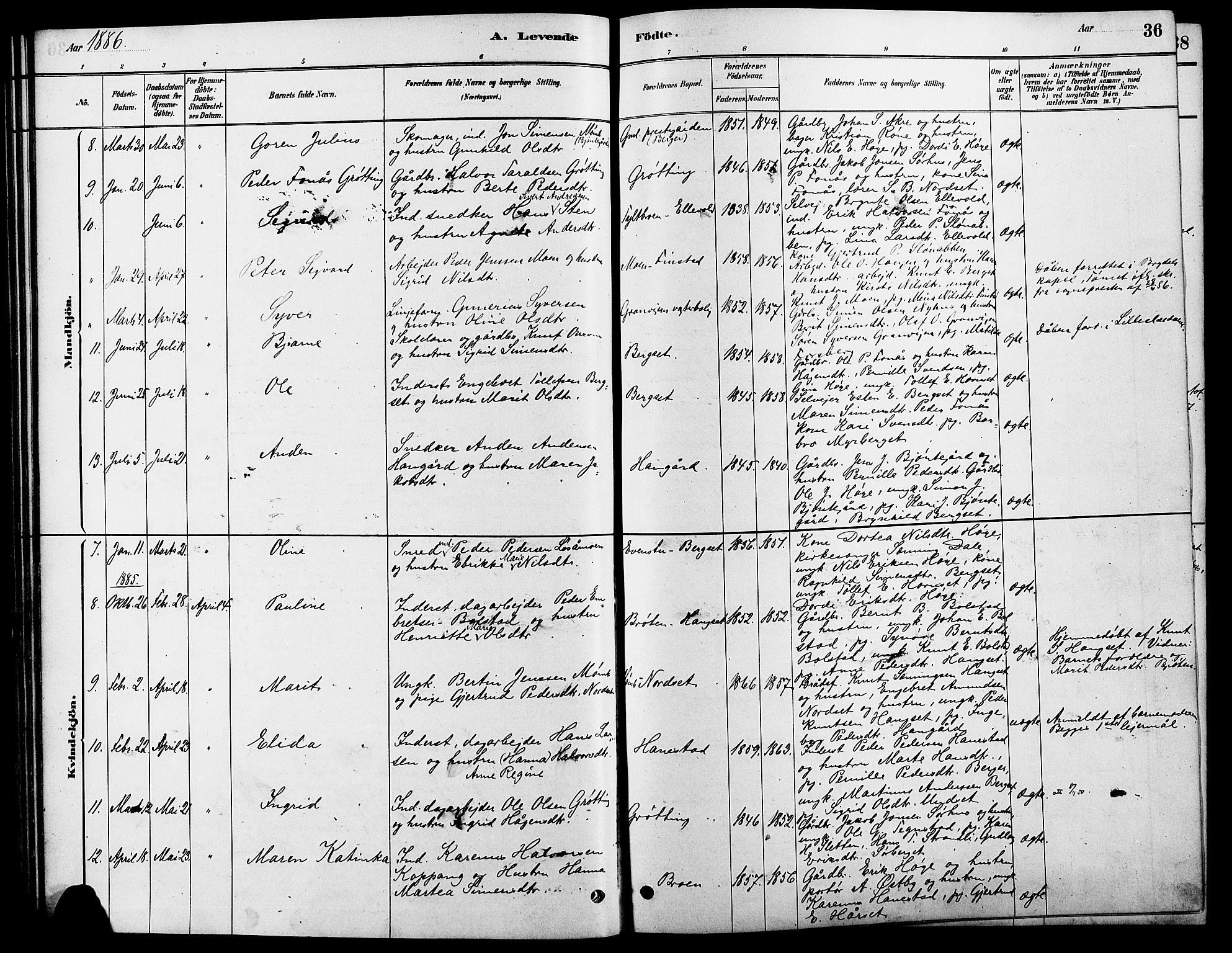 Rendalen prestekontor, SAH/PREST-054/H/Ha/Hab/L0003: Parish register (copy) no. 3, 1879-1904, p. 36