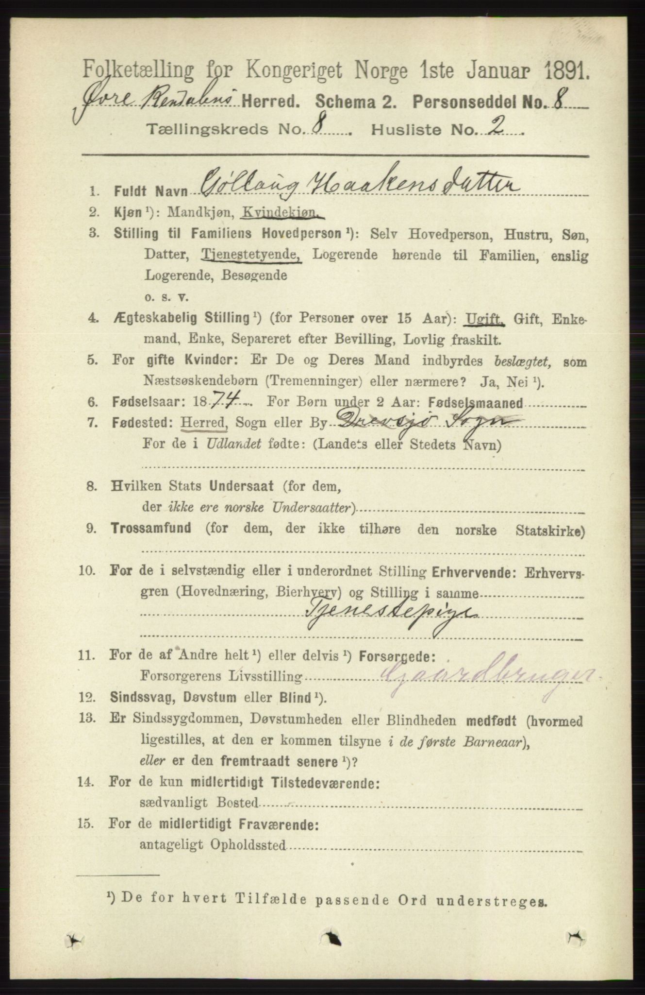 RA, 1891 census for 0433 Øvre Rendal, 1891, p. 2007