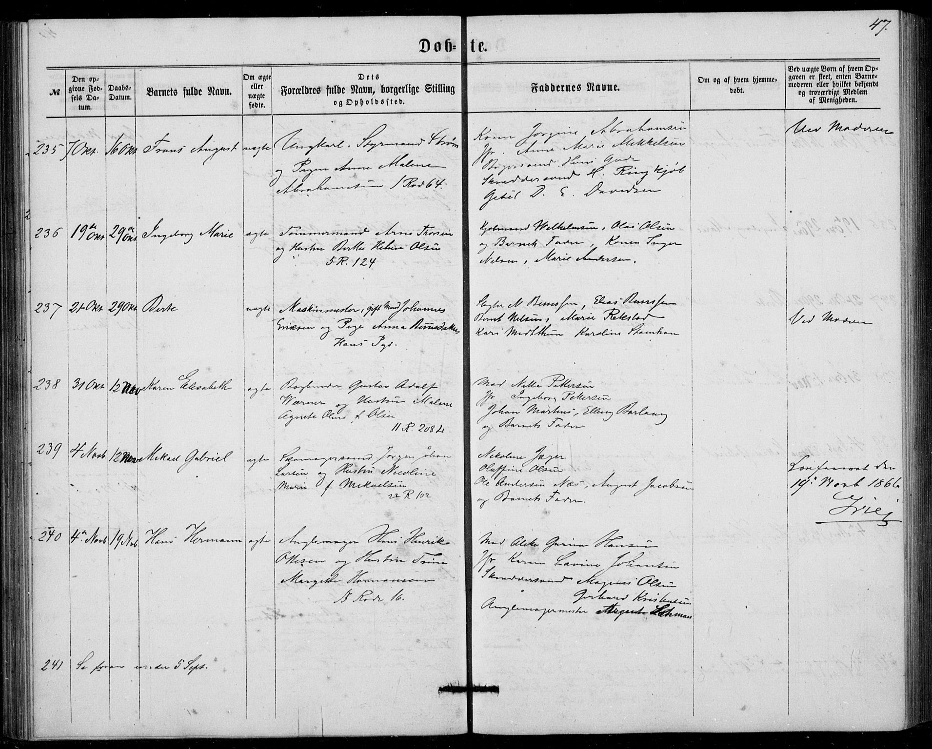 Fødselsstiftelsens sokneprestembete, ført av overlegen*, SAB/-: Parish register (official) no. A 1, 1863-1883, p. 47