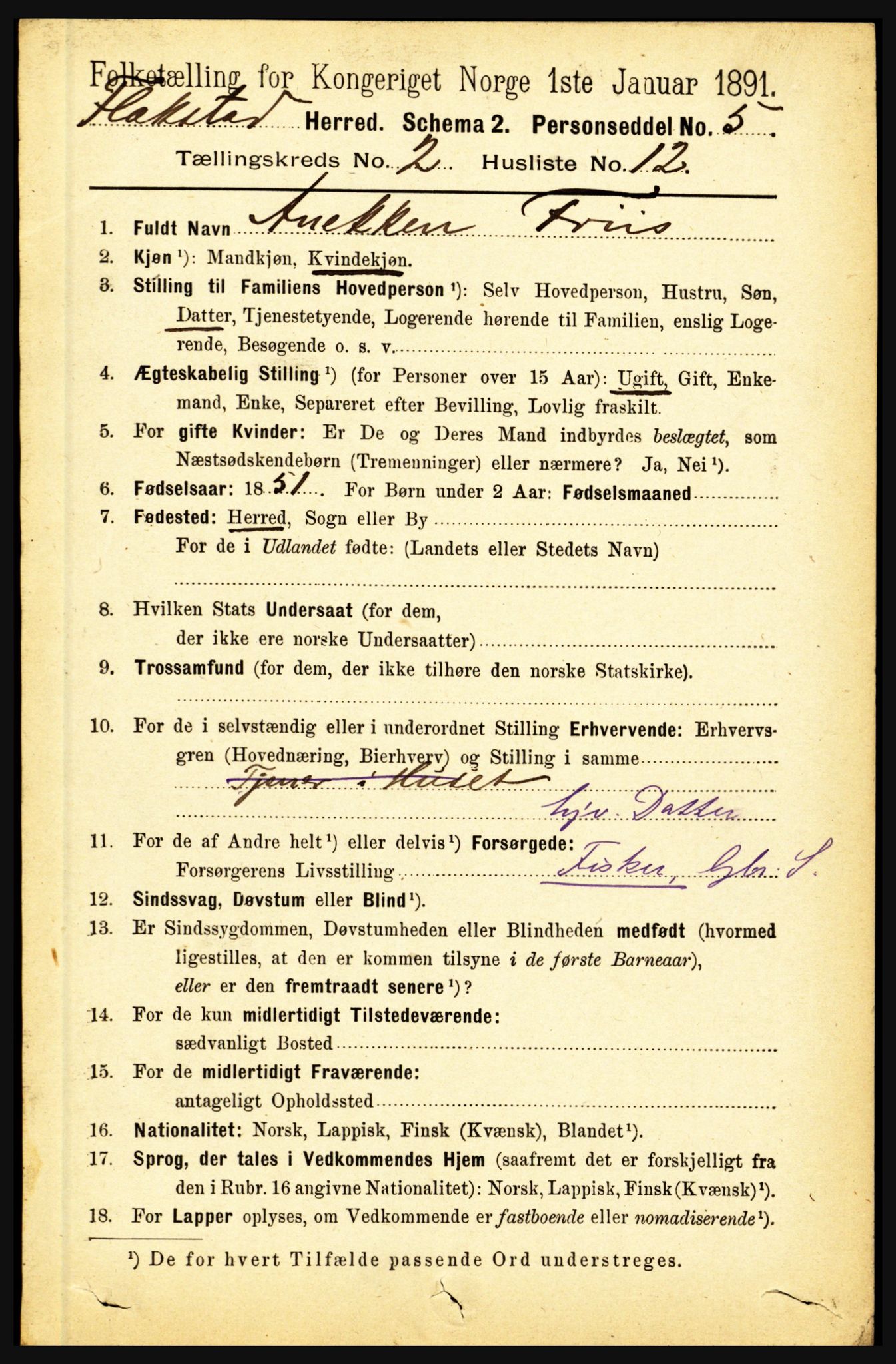 RA, 1891 census for 1859 Flakstad, 1891, p. 709