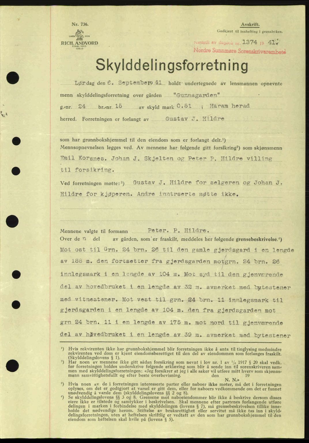 Nordre Sunnmøre sorenskriveri, AV/SAT-A-0006/1/2/2C/2Ca: Mortgage book no. A11, 1941-1941, Diary no: : 1374/1941