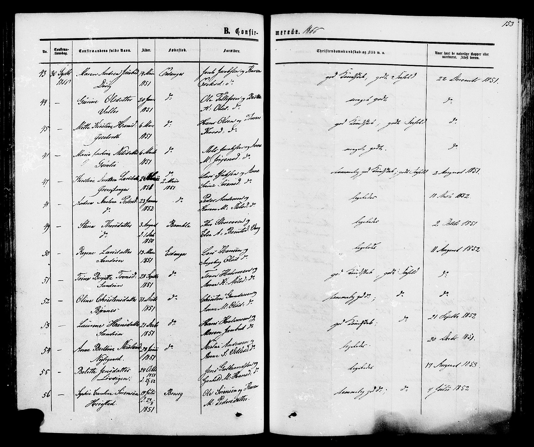 Eidanger kirkebøker, SAKO/A-261/F/Fa/L0010: Parish register (official) no. 10, 1859-1874, p. 153