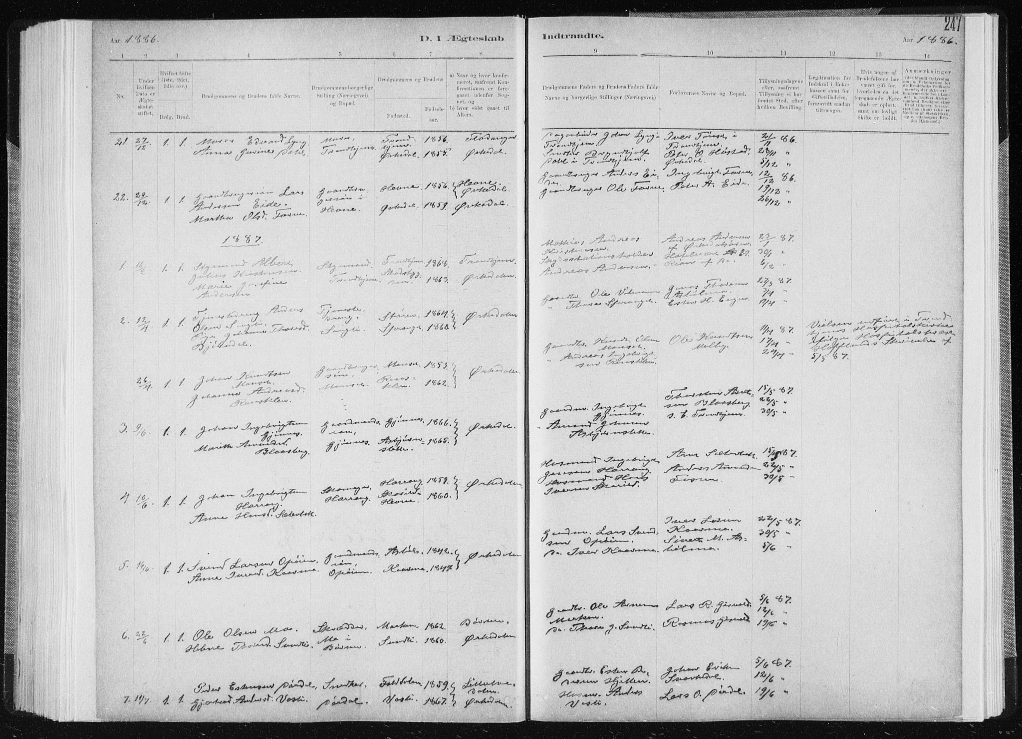 Ministerialprotokoller, klokkerbøker og fødselsregistre - Sør-Trøndelag, AV/SAT-A-1456/668/L0818: Parish register (copy) no. 668C07, 1885-1898, p. 247