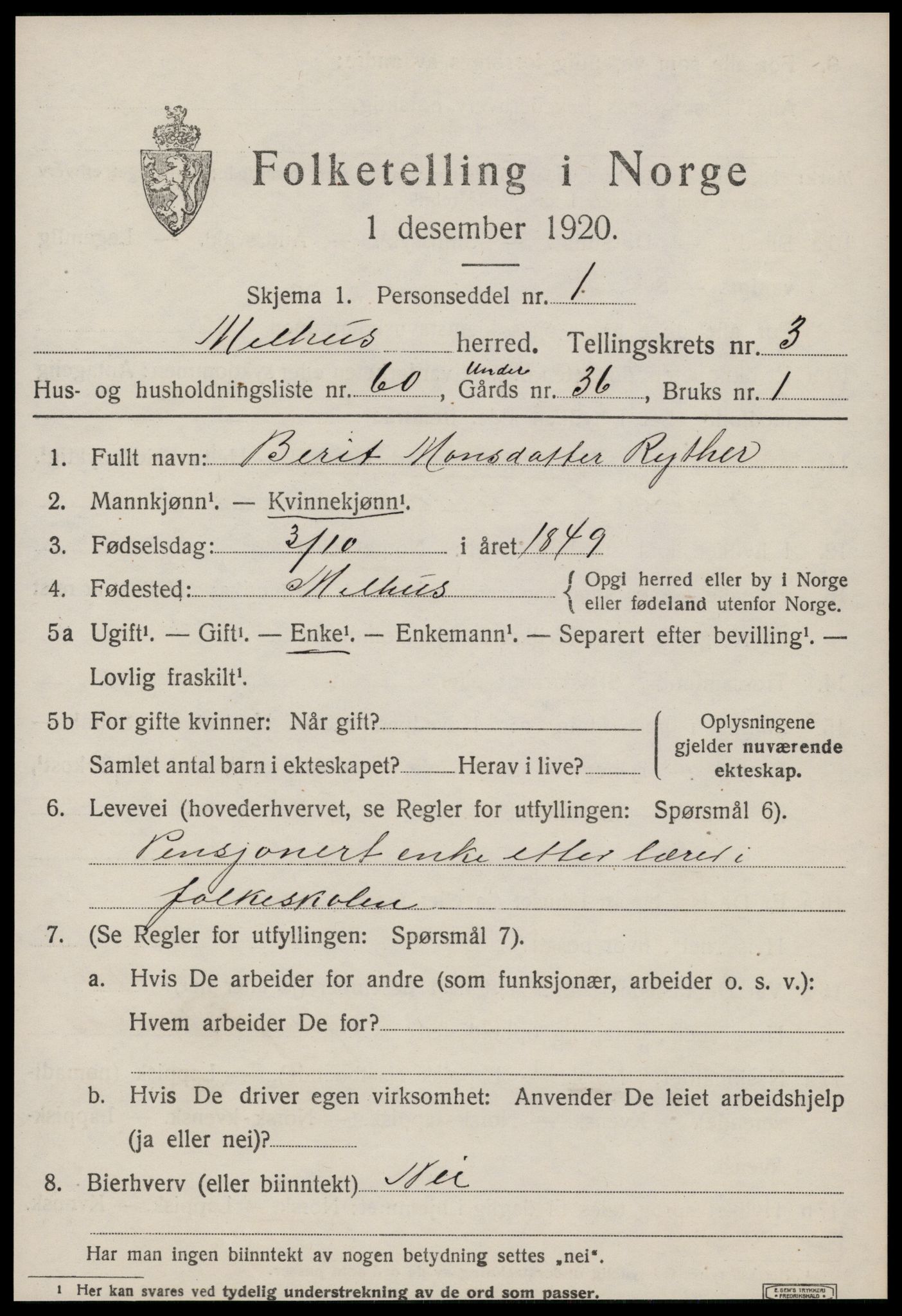 SAT, 1920 census for Melhus, 1920, p. 3365