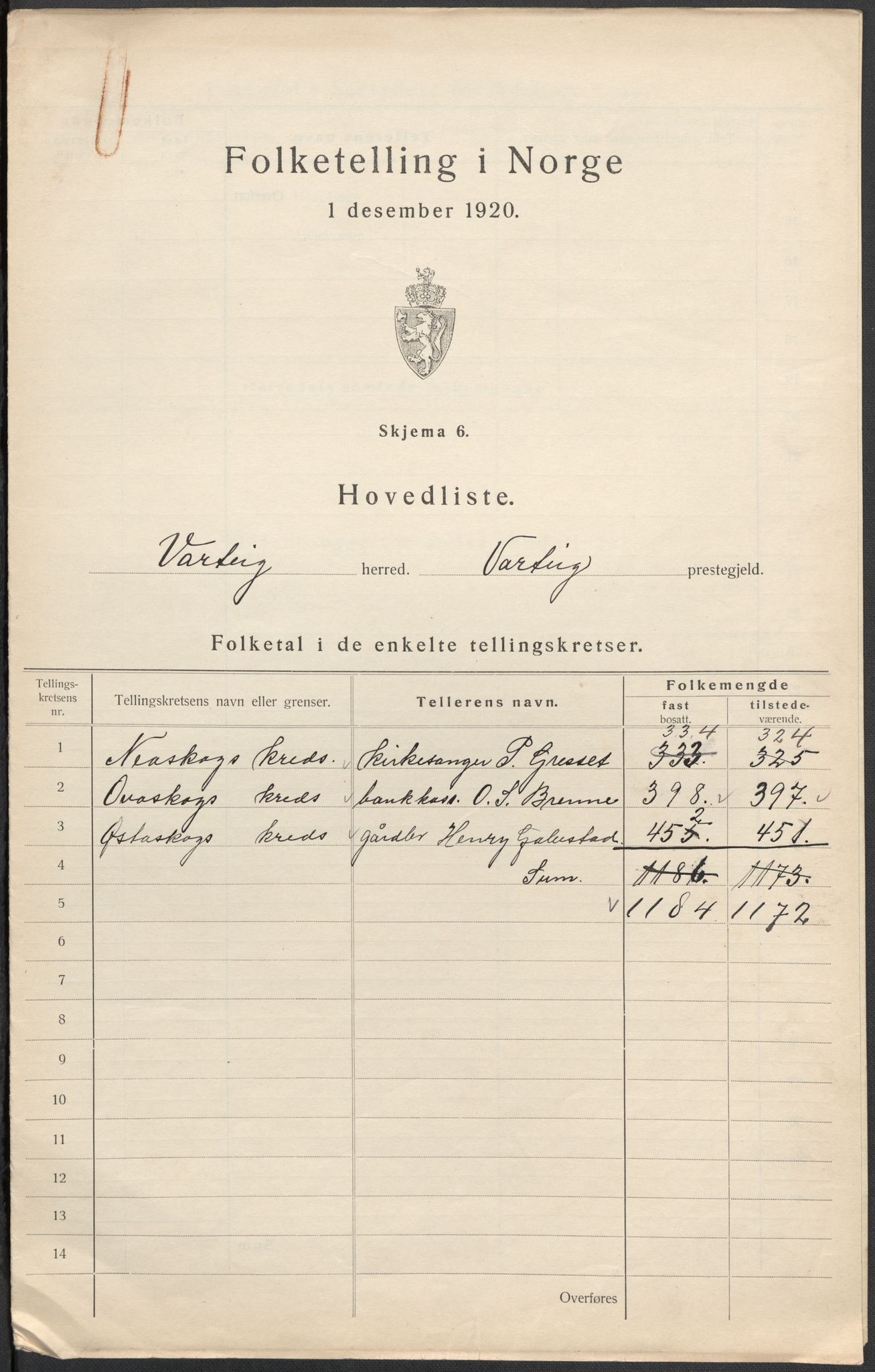 SAO, 1920 census for Varteig, 1920, p. 6