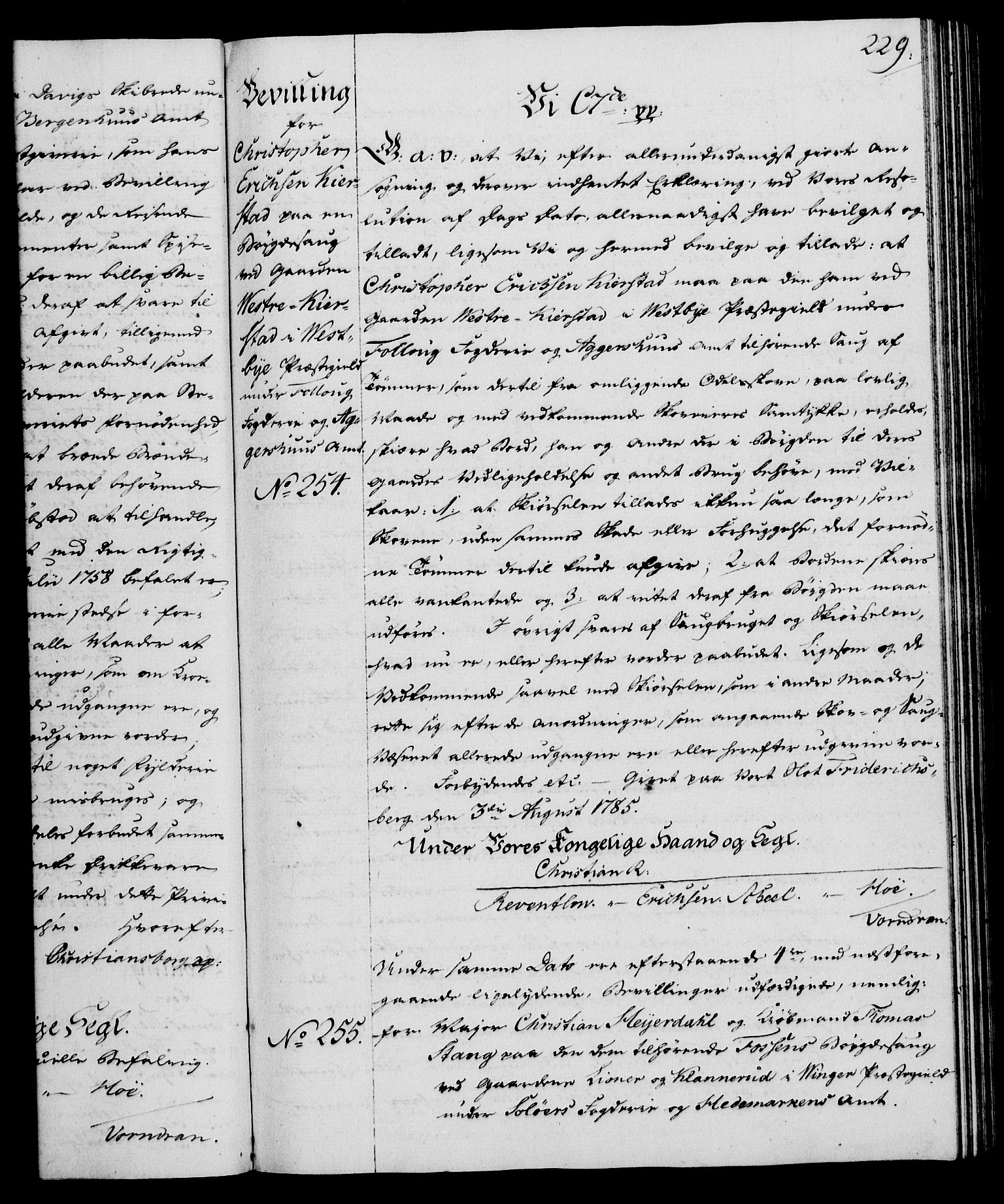 Rentekammeret, Kammerkanselliet, AV/RA-EA-3111/G/Gg/Gga/L0013: Norsk ekspedisjonsprotokoll med register (merket RK 53.13), 1784-1787, p. 229