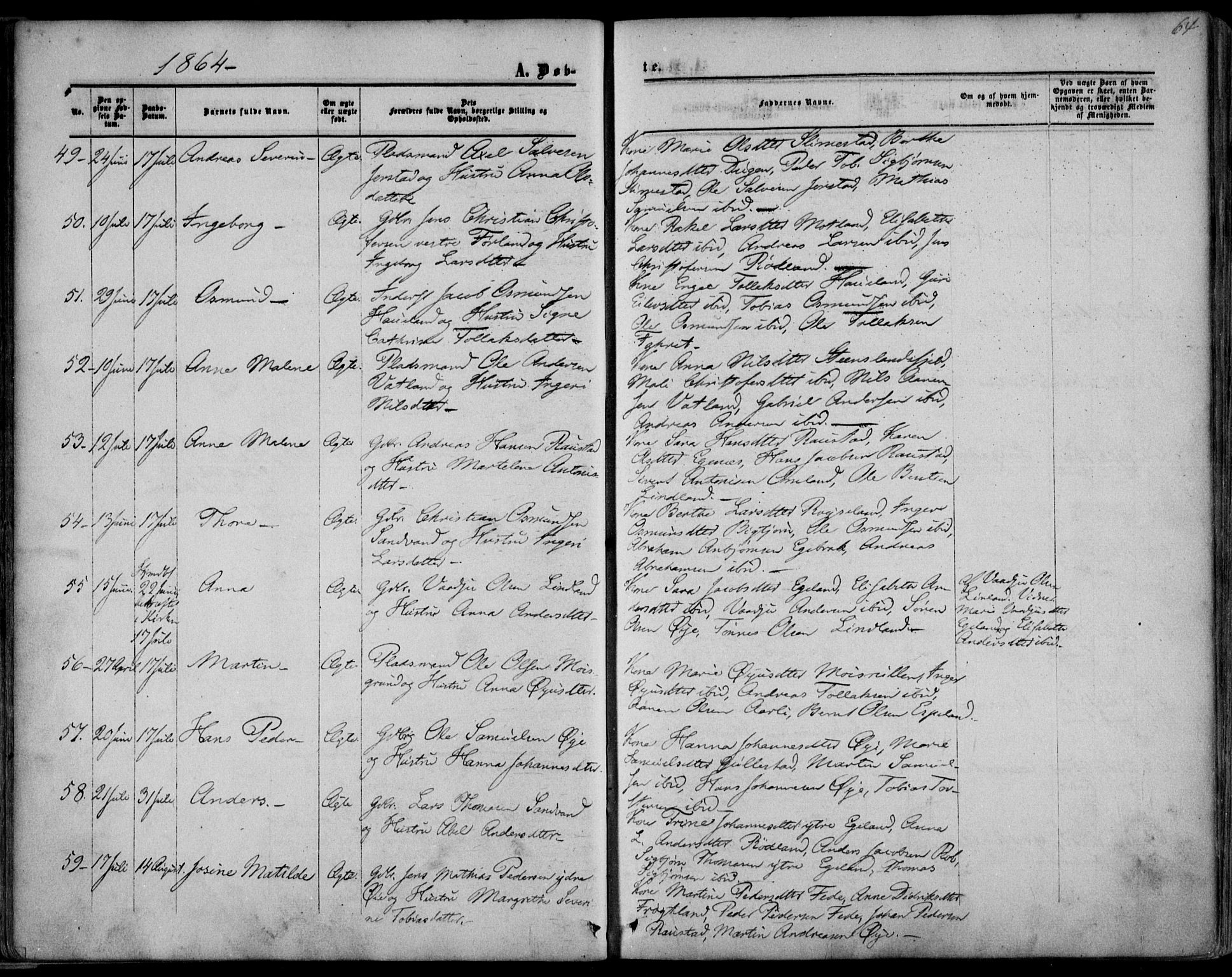 Kvinesdal sokneprestkontor, AV/SAK-1111-0026/F/Fa/Fab/L0006: Parish register (official) no. A 6, 1857-1869, p. 64