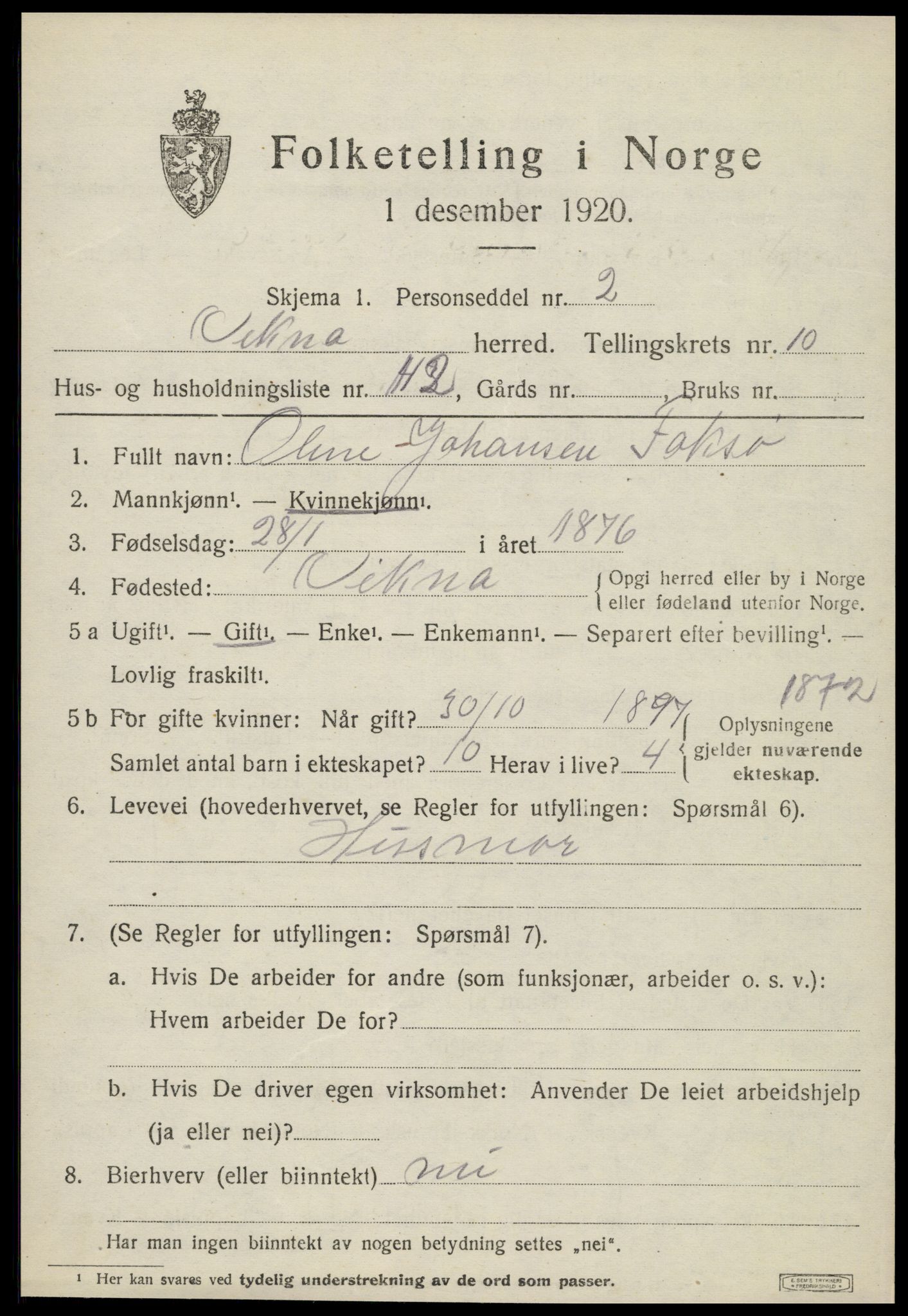 SAT, 1920 census for Vikna, 1920, p. 7329