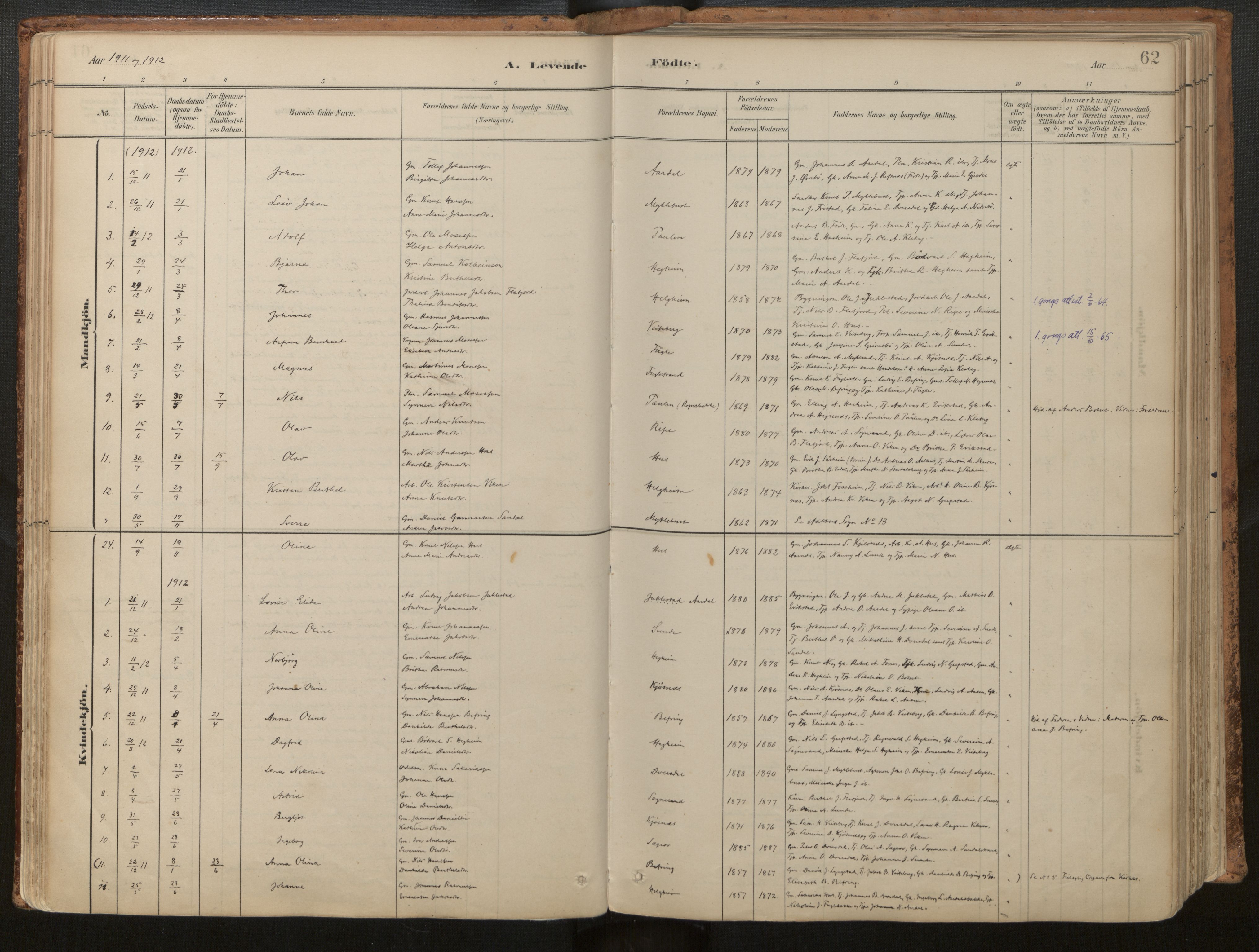 Jølster sokneprestembete, SAB/A-80701/H/Haa/Haac/L0001: Parish register (official) no. C 1, 1882-1928, p. 62