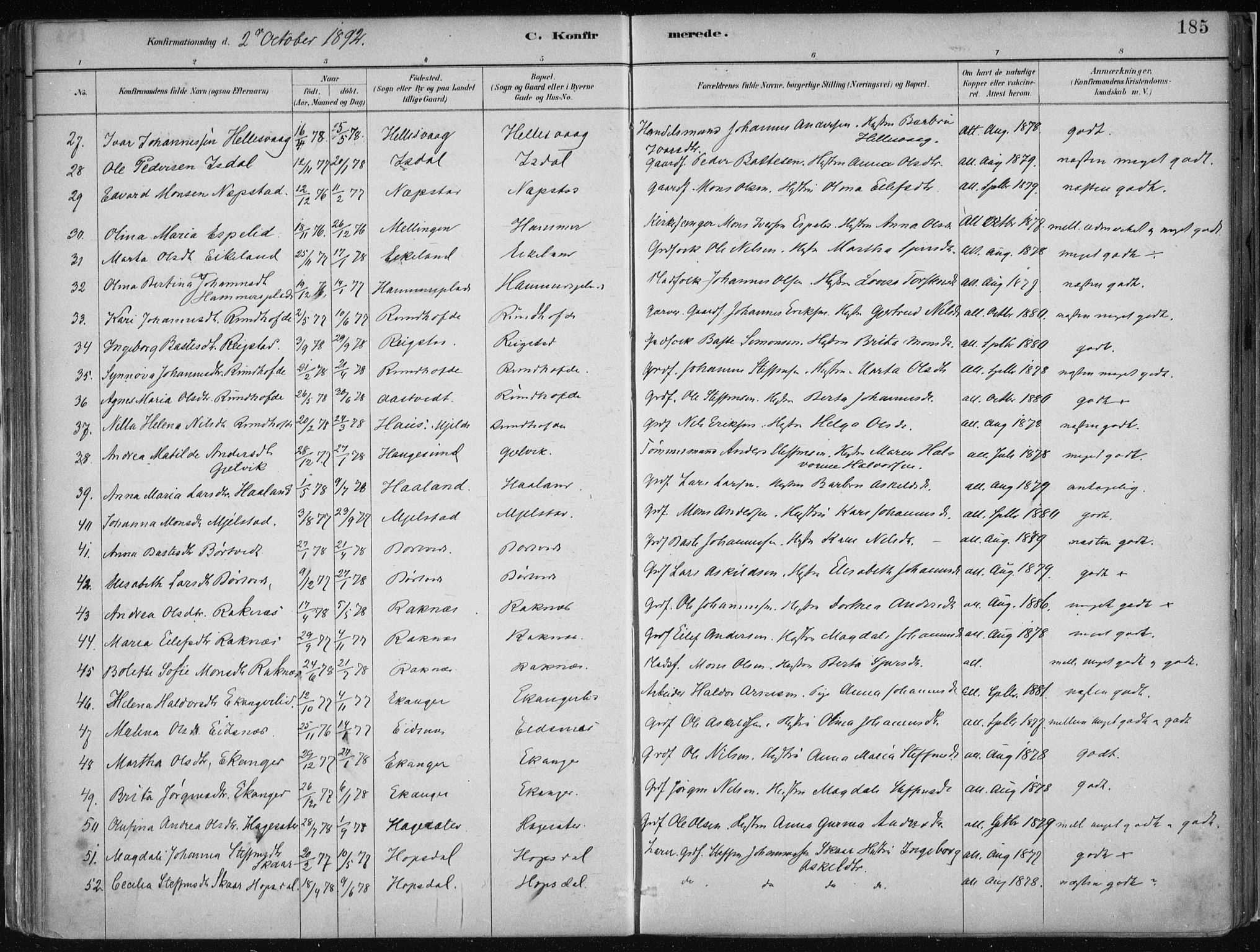 Hamre sokneprestembete, AV/SAB-A-75501/H/Ha/Haa/Haab/L0001: Parish register (official) no. B  1, 1882-1905, p. 185