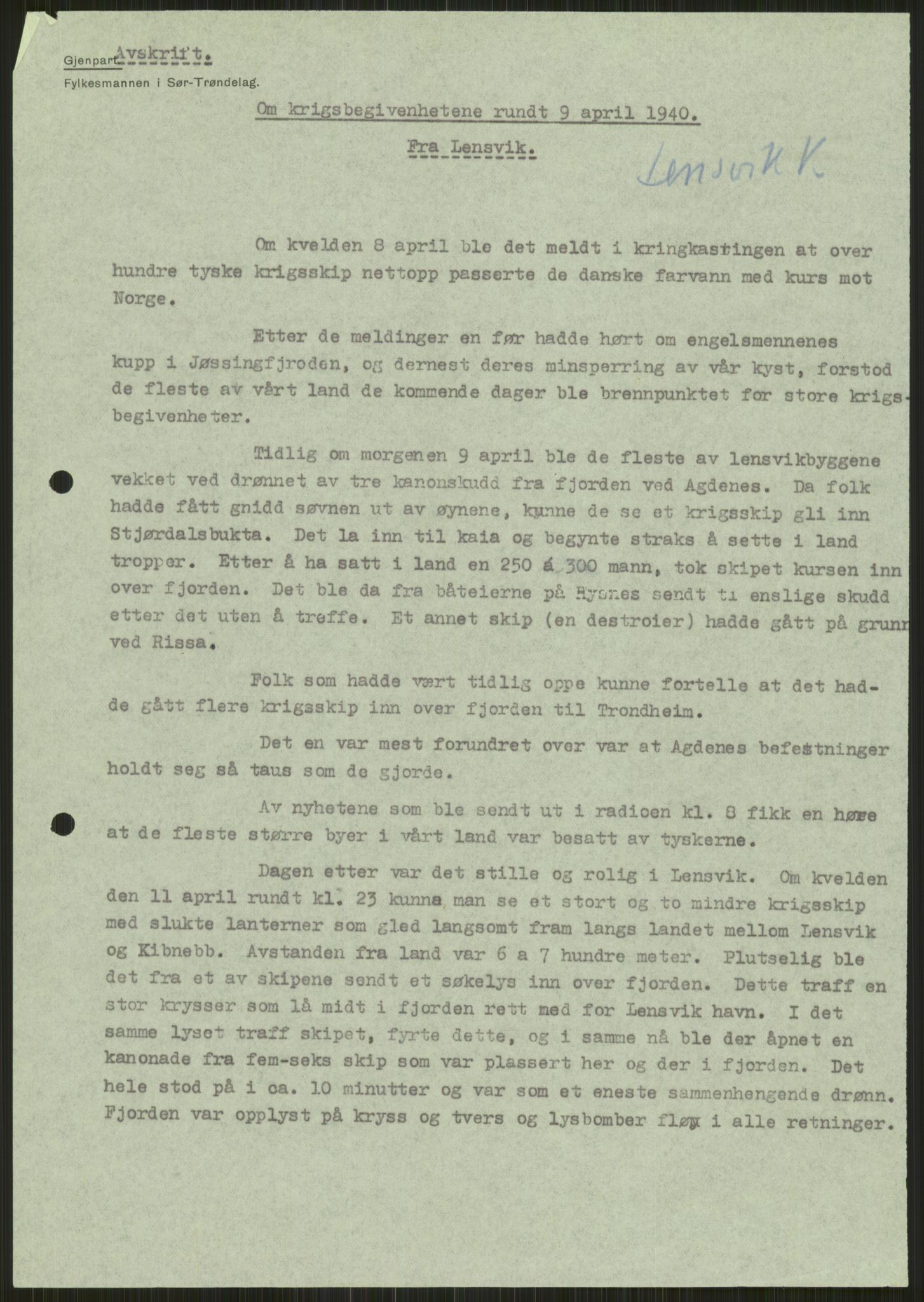 Forsvaret, Forsvarets krigshistoriske avdeling, AV/RA-RAFA-2017/Y/Ya/L0016: II-C-11-31 - Fylkesmenn.  Rapporter om krigsbegivenhetene 1940., 1940, p. 71